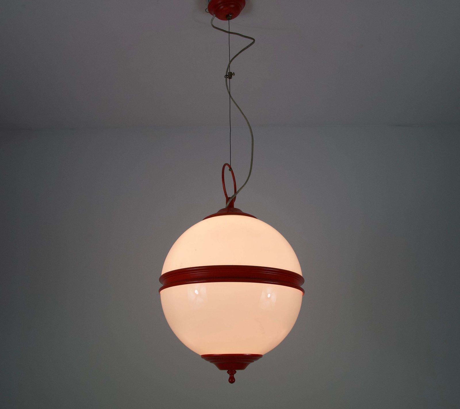 Mid Century Red Metal And Opal Glass Ceiling Lamp, Italy, 1960s photo furniture