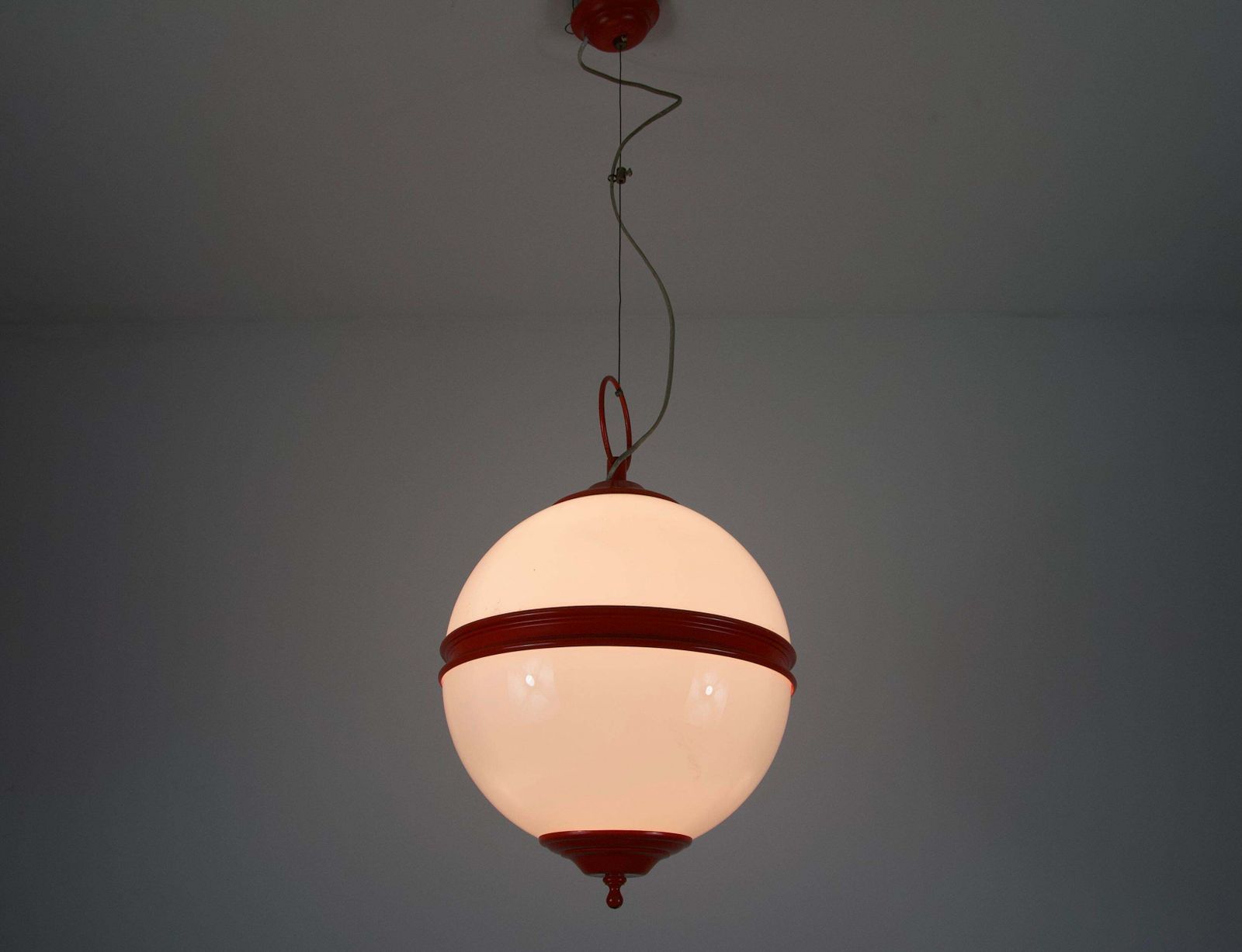 Mid Century Red Metal And Opal Glass Ceiling Lamp, Italy, 1960s photo Lighting