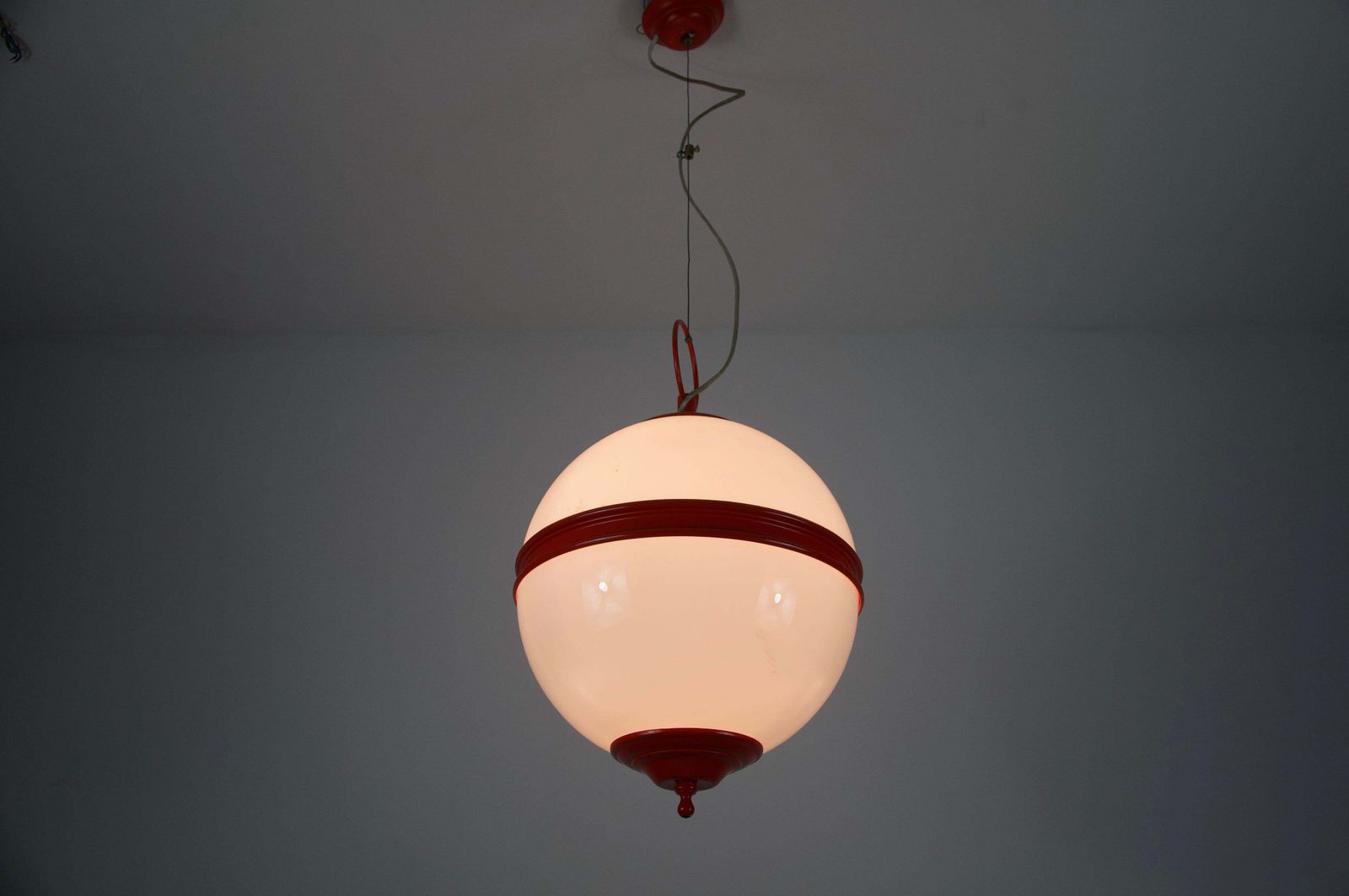 Mid Century Red Metal And Opal Glass Ceiling Lamp, Italy, 1960s photo vinterior