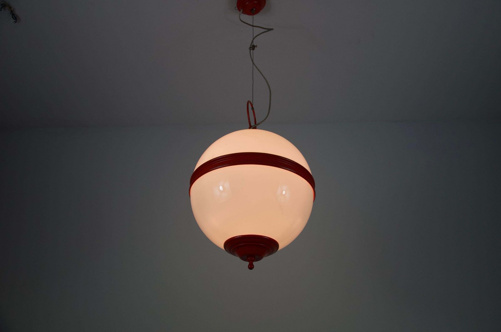 Mid Century Red Metal And Opal Glass Ceiling Lamp, Italy, 1960s photo buy
