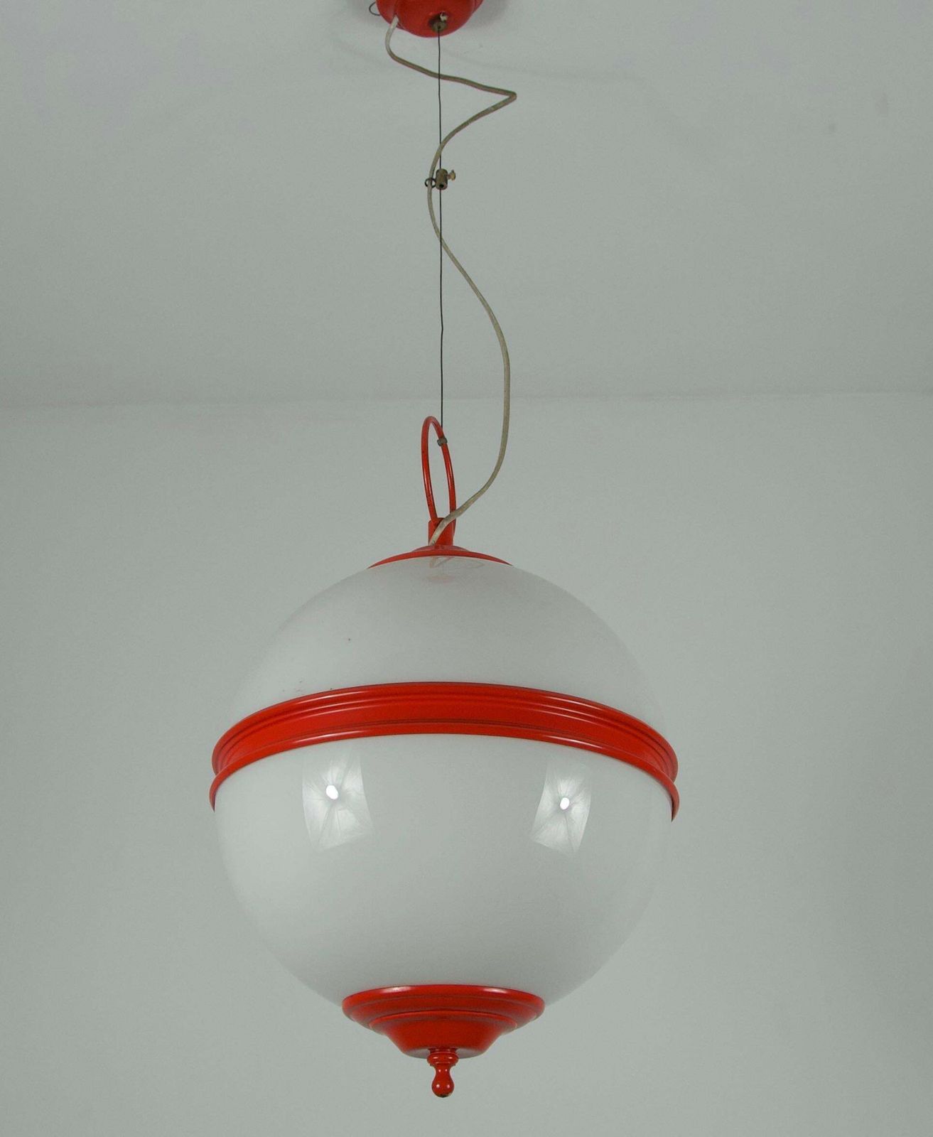 photo furniture Mid Century Red Metal And Opal Glass Ceiling Lamp, Italy, 1960s
