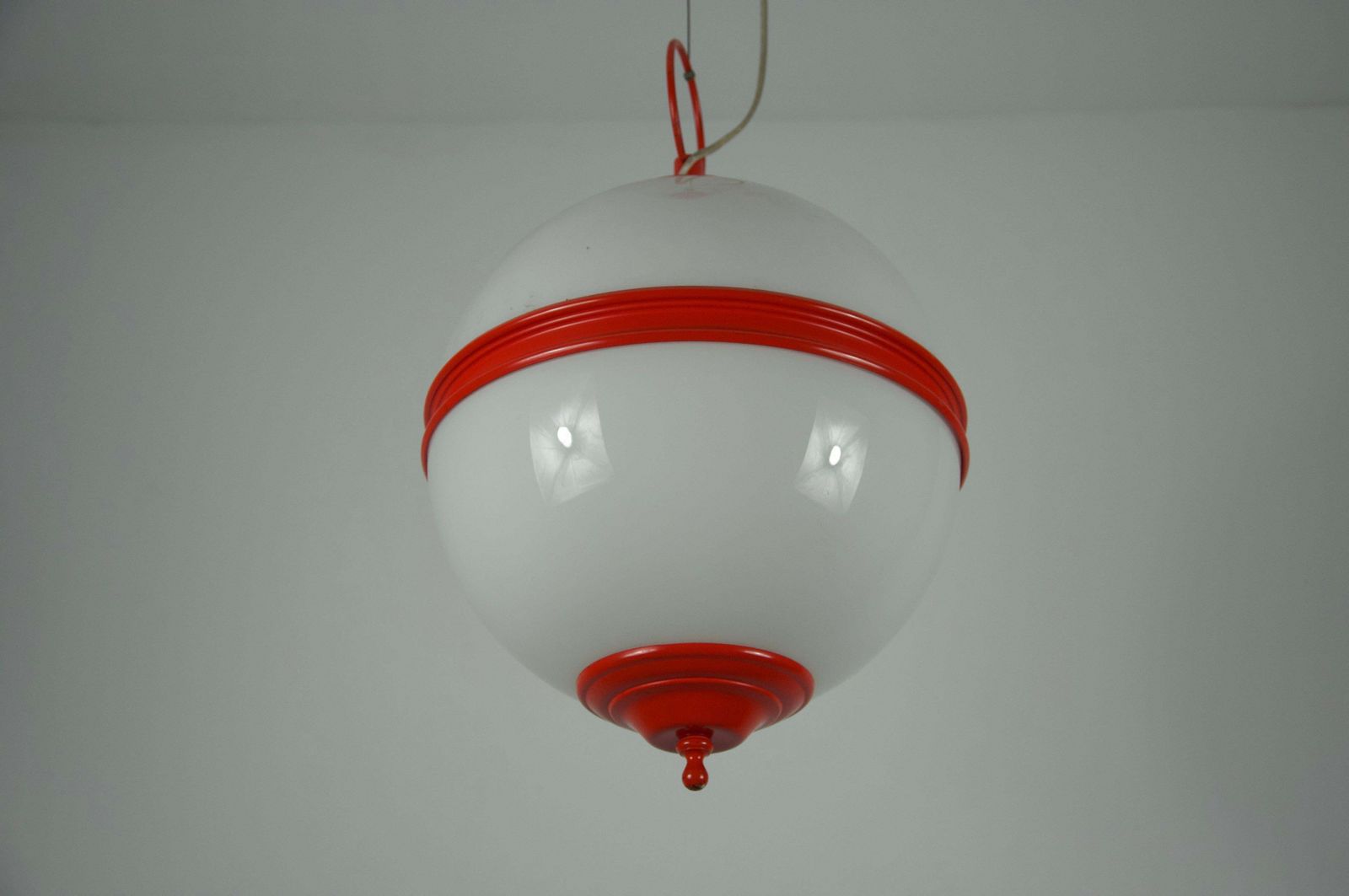 Lighting Mid Century Red Metal And Opal Glass Ceiling Lamp, Italy, 1960s photo
