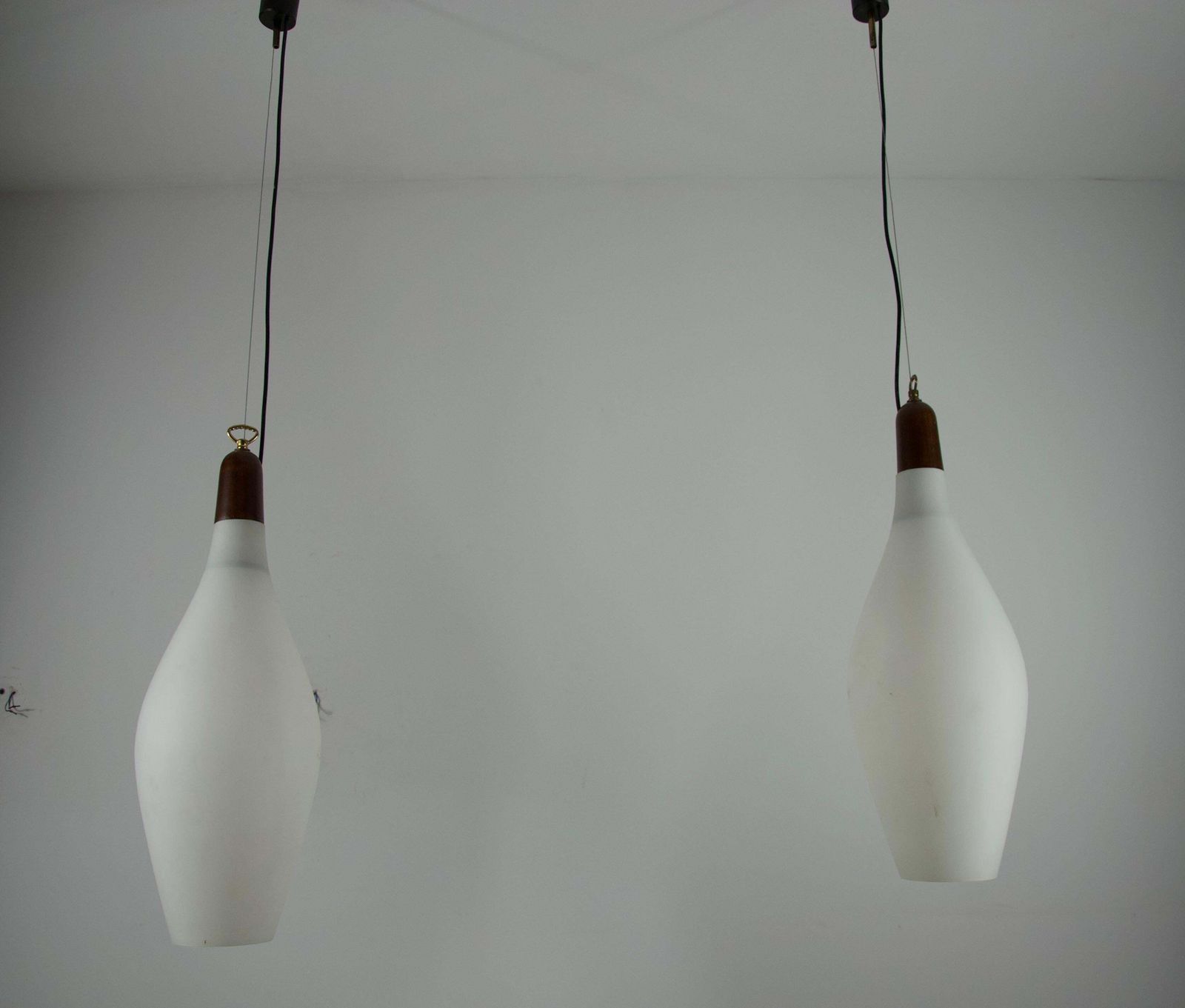 Pair Of Mid Century Teak And Opal Glass Pendant Lamps, Italy, 1960s photo furniture