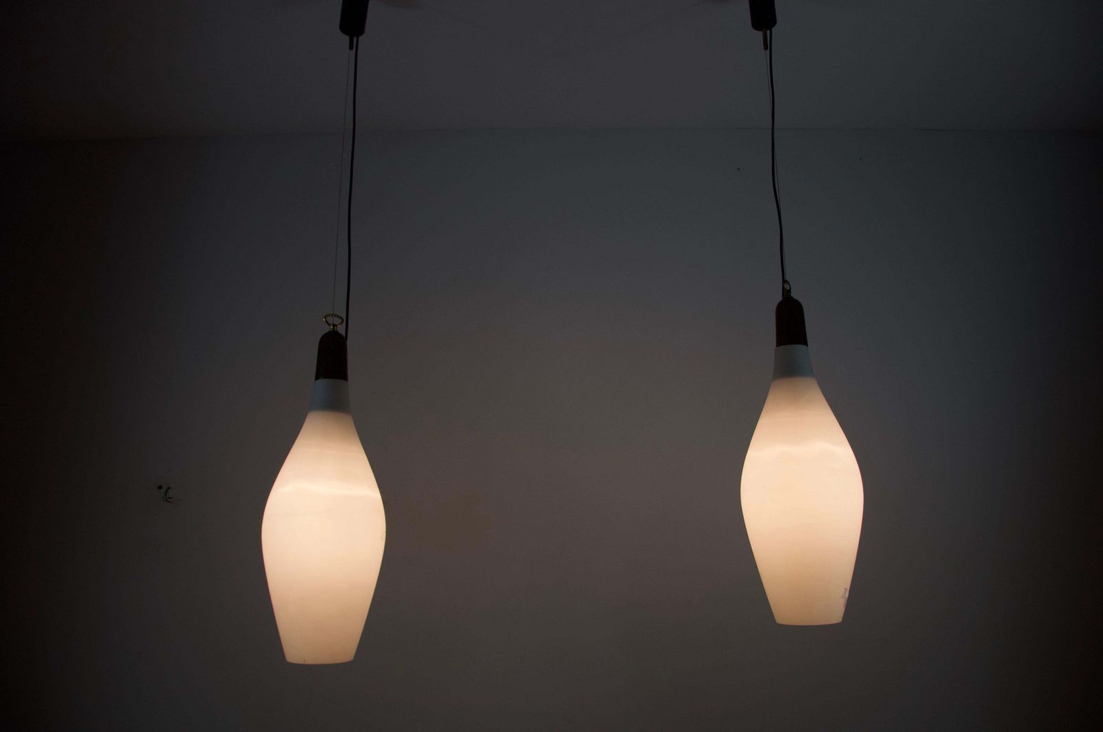 Lighting Pair Of Mid Century Teak And Opal Glass Pendant Lamps, Italy, 1960s photo