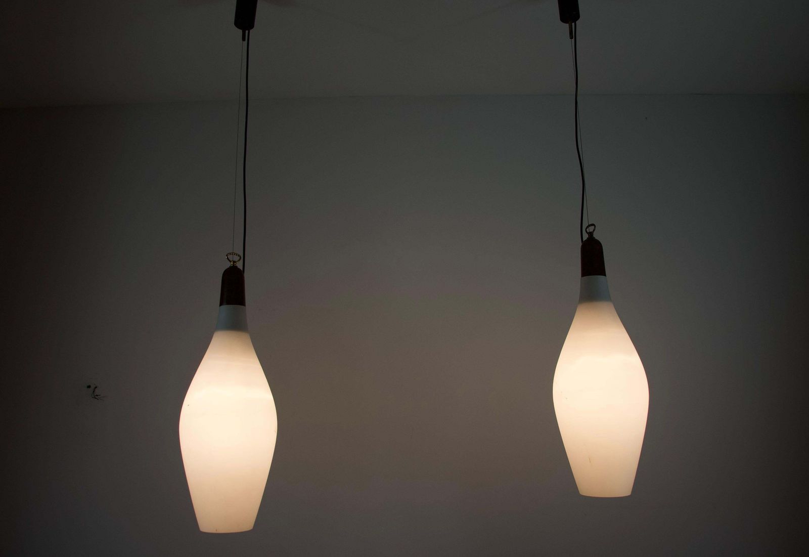 2014.0 Pair Of Mid Century Teak And Opal Glass Pendant Lamps, Italy, 1960s photo