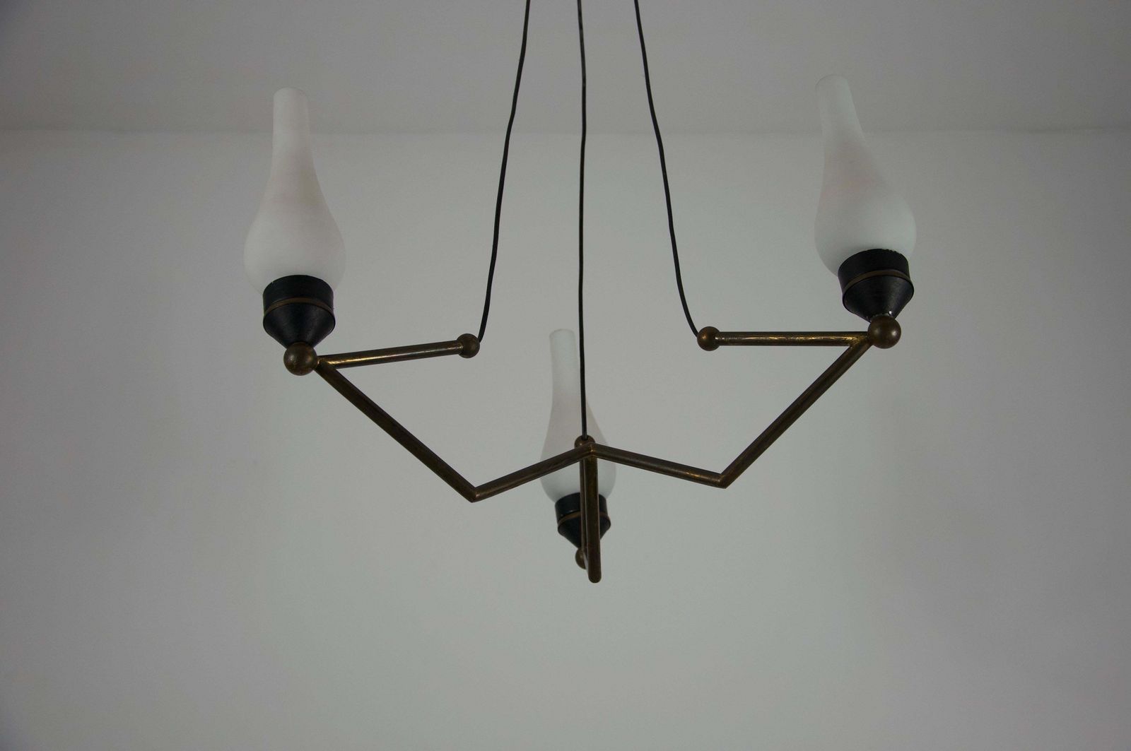Stilnovo Brass And Opal Glass Chandelier, Italy, 1960s photo Lighting