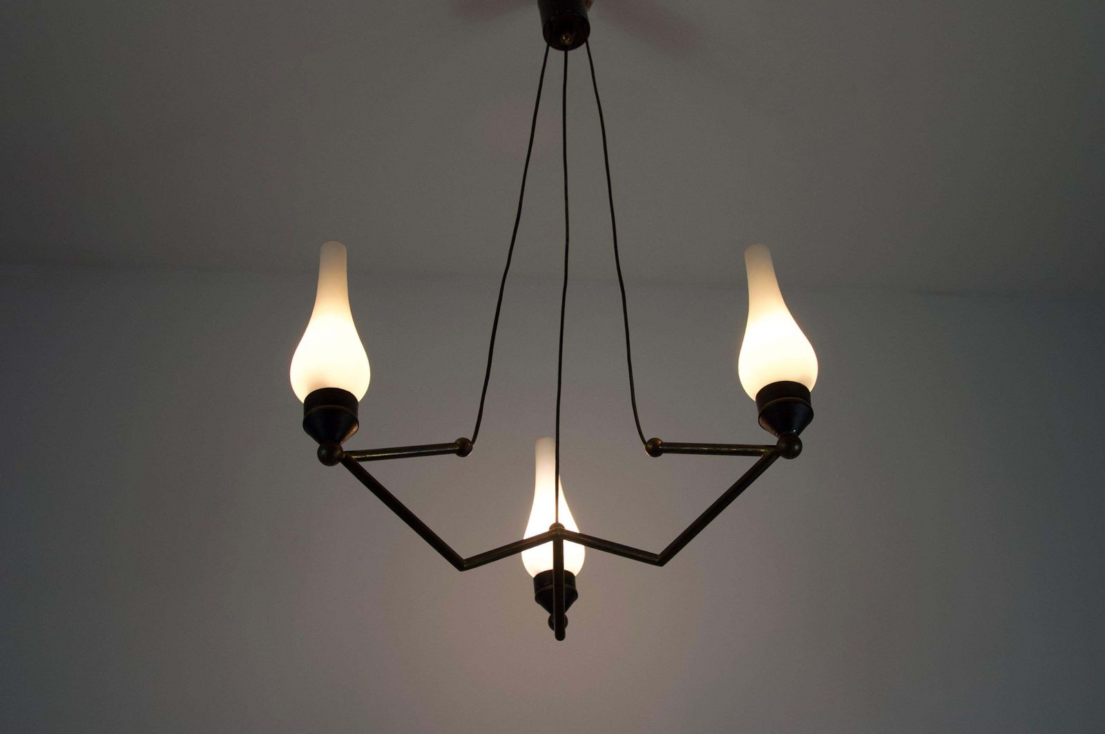 photo buy Stilnovo Brass And Opal Glass Chandelier, Italy, 1960s