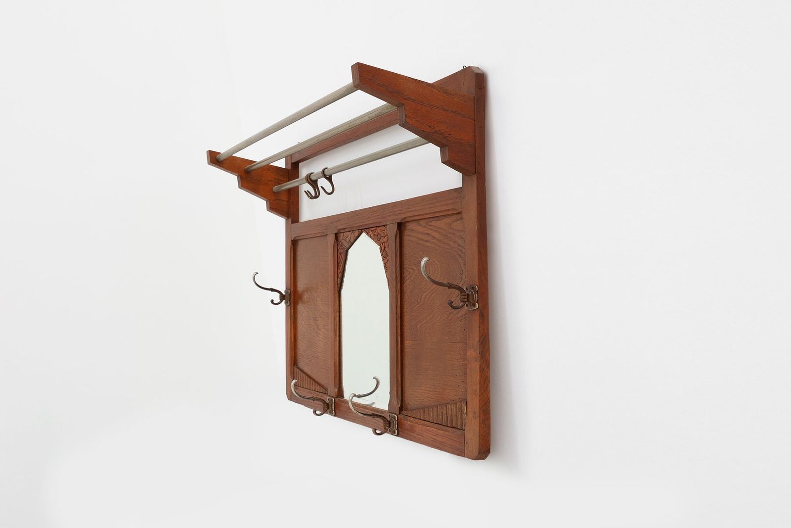 Art Deco Oak Carved Wall Coat Rack With Mirror, France, 1920s photo Furniture