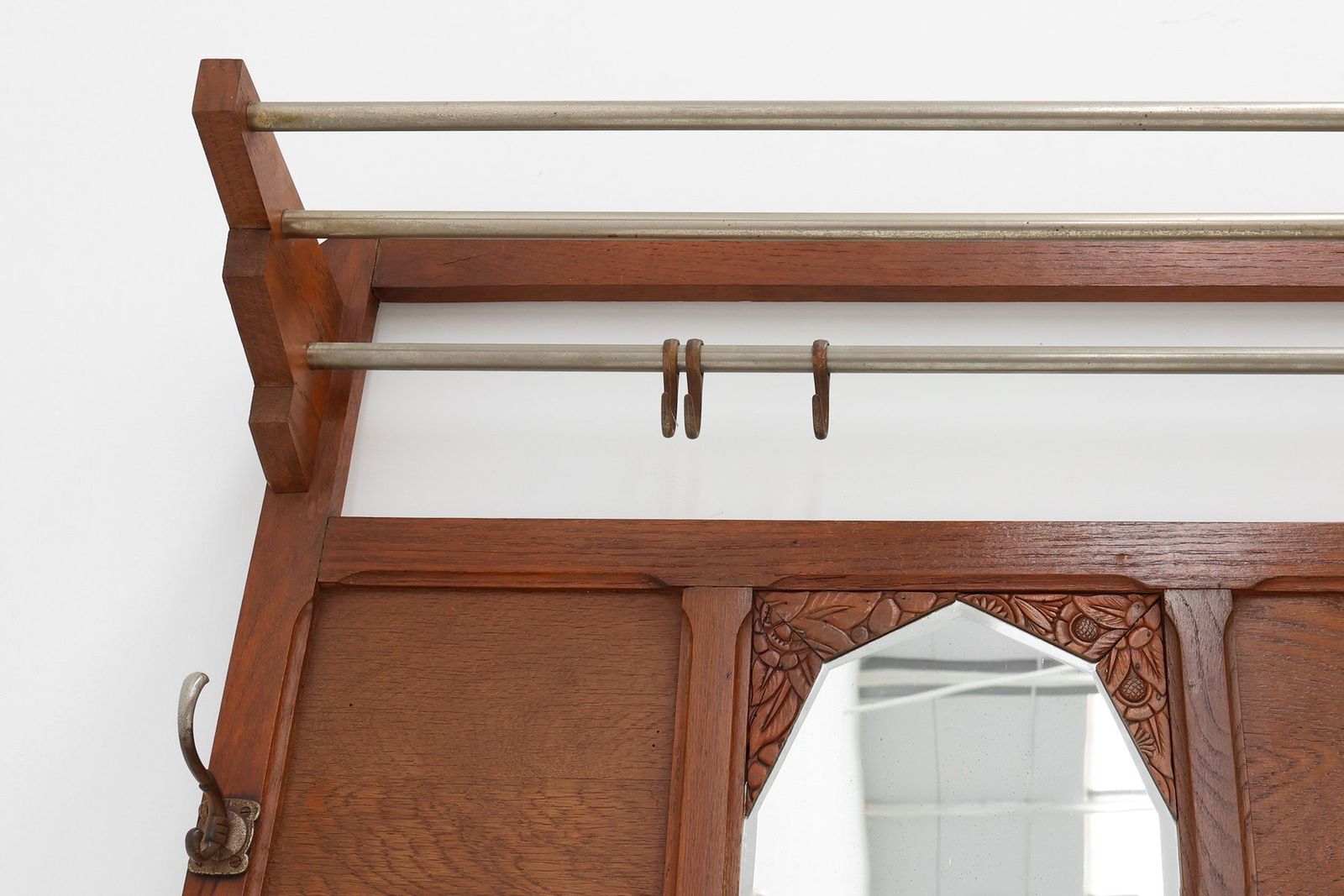 photo furniture Art Deco Oak Carved Wall Coat Rack With Mirror, France, 1920s