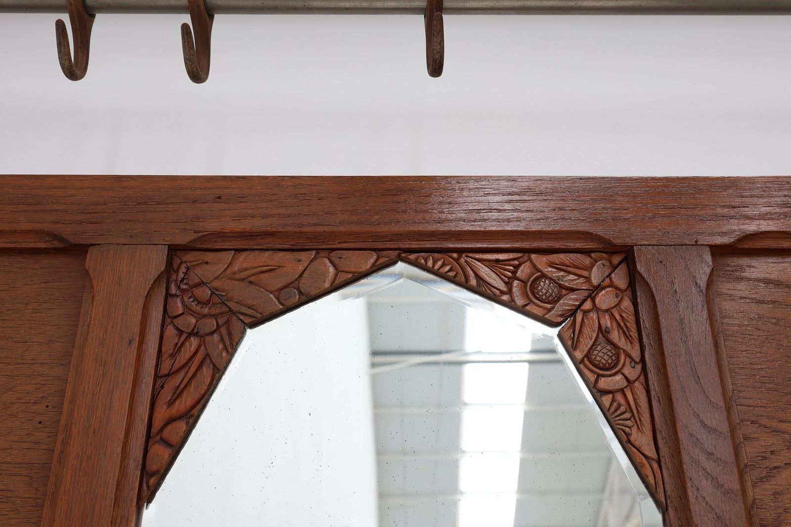 photo for sale Art Deco Oak Carved Wall Coat Rack With Mirror, France, 1920s