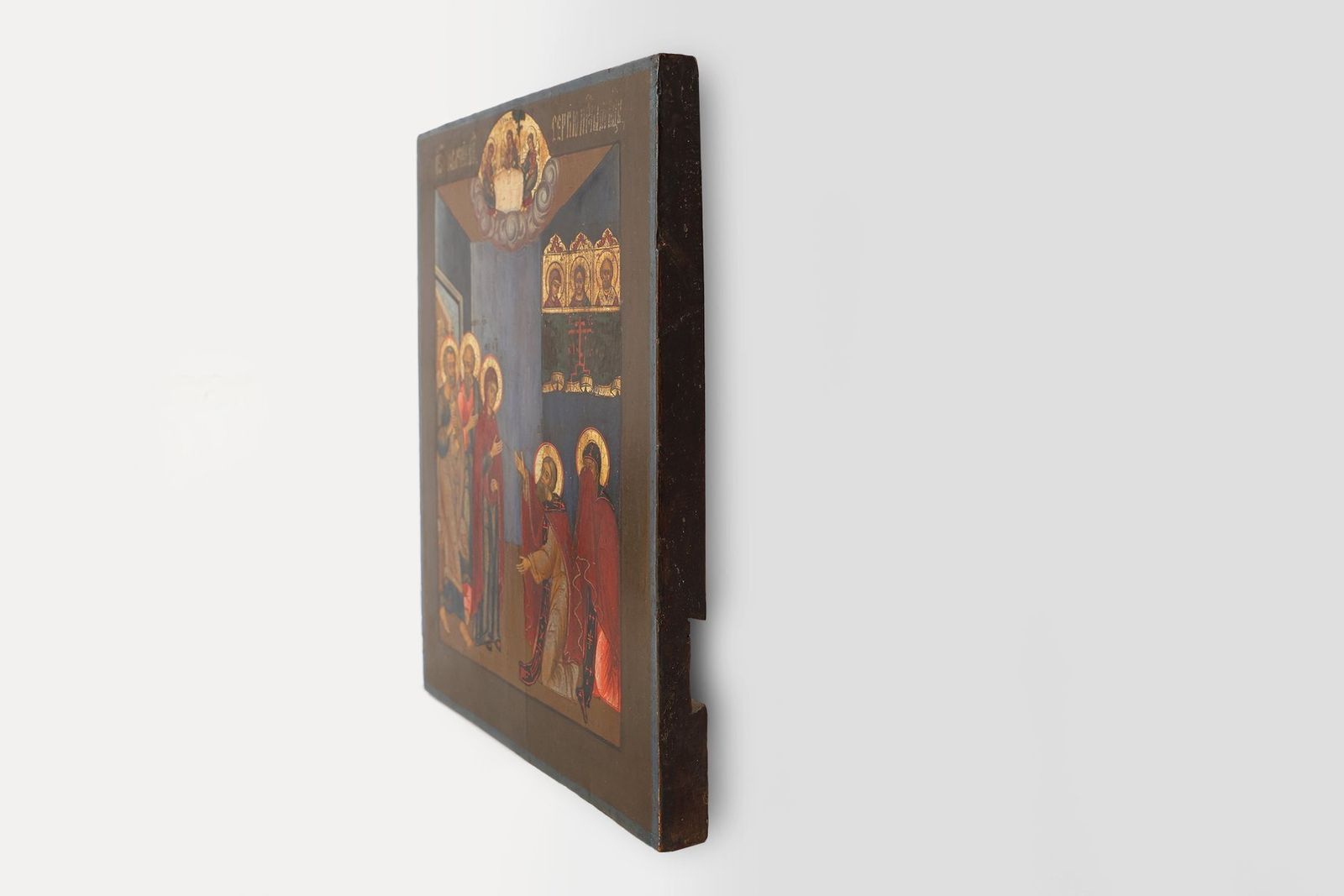 Traditional Religious Icon With Saint Healing A Sick Person, 1800s, Tempera On Wood photo vintage