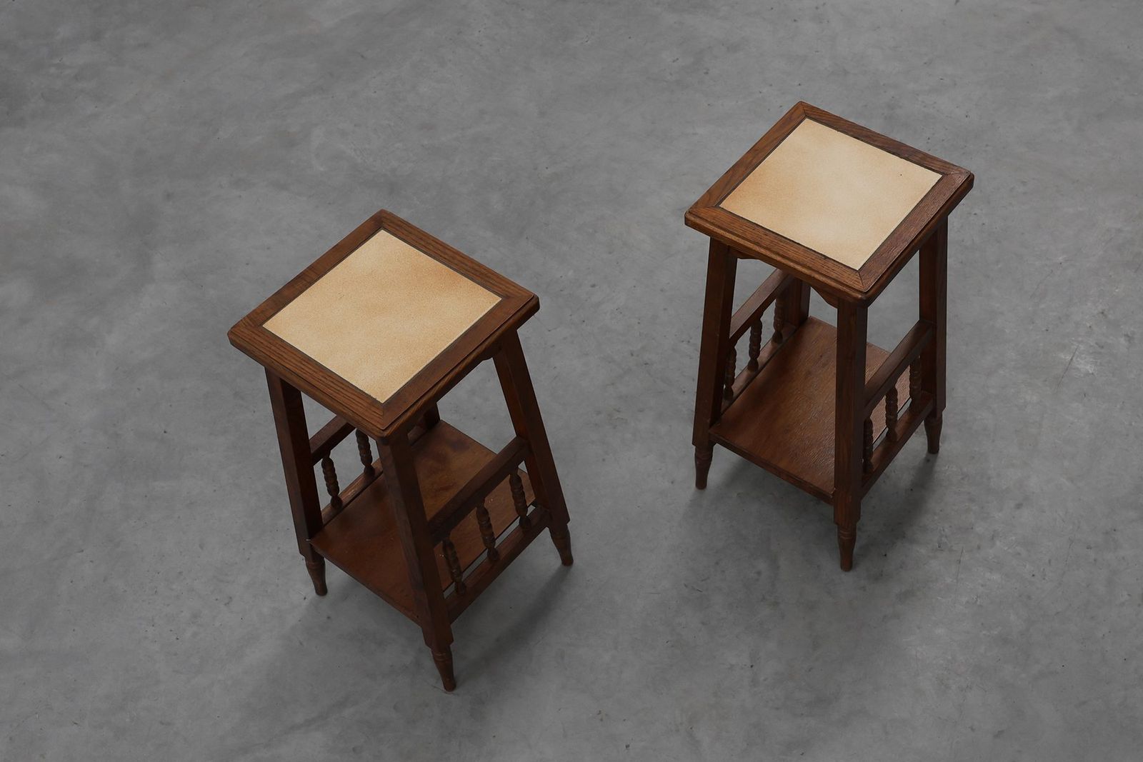 1059.0 20th Century Rustic Wooden Side Tables With Ceramic Tile Top, France, 1940s, Set Of 2 photo