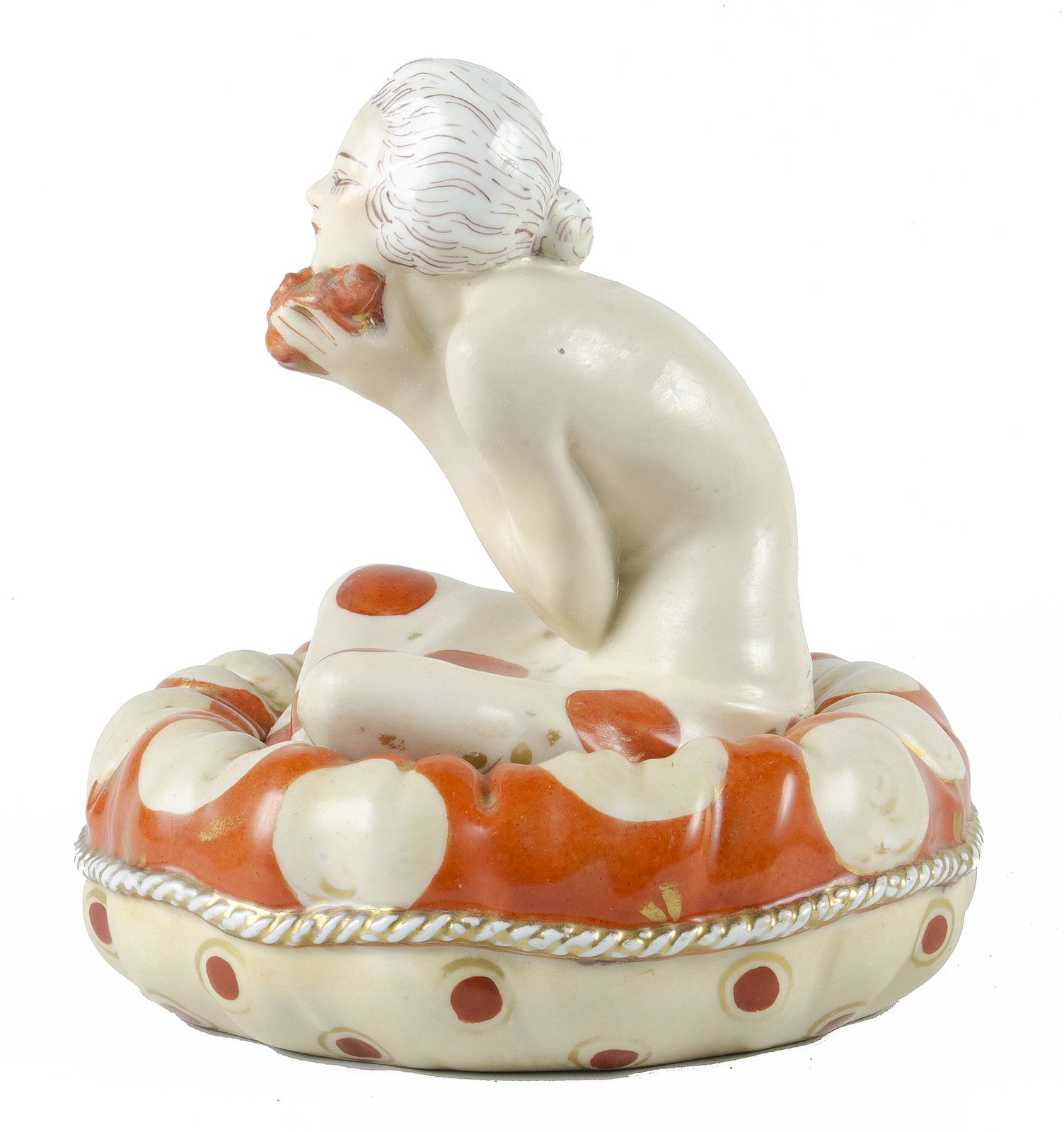 Early 20th Century Art Déco Hand Painted Ceramic Cosmetic Powder Bowl Of A Lady Sitting Over A Large Pillow By Aladin, France photo vintage