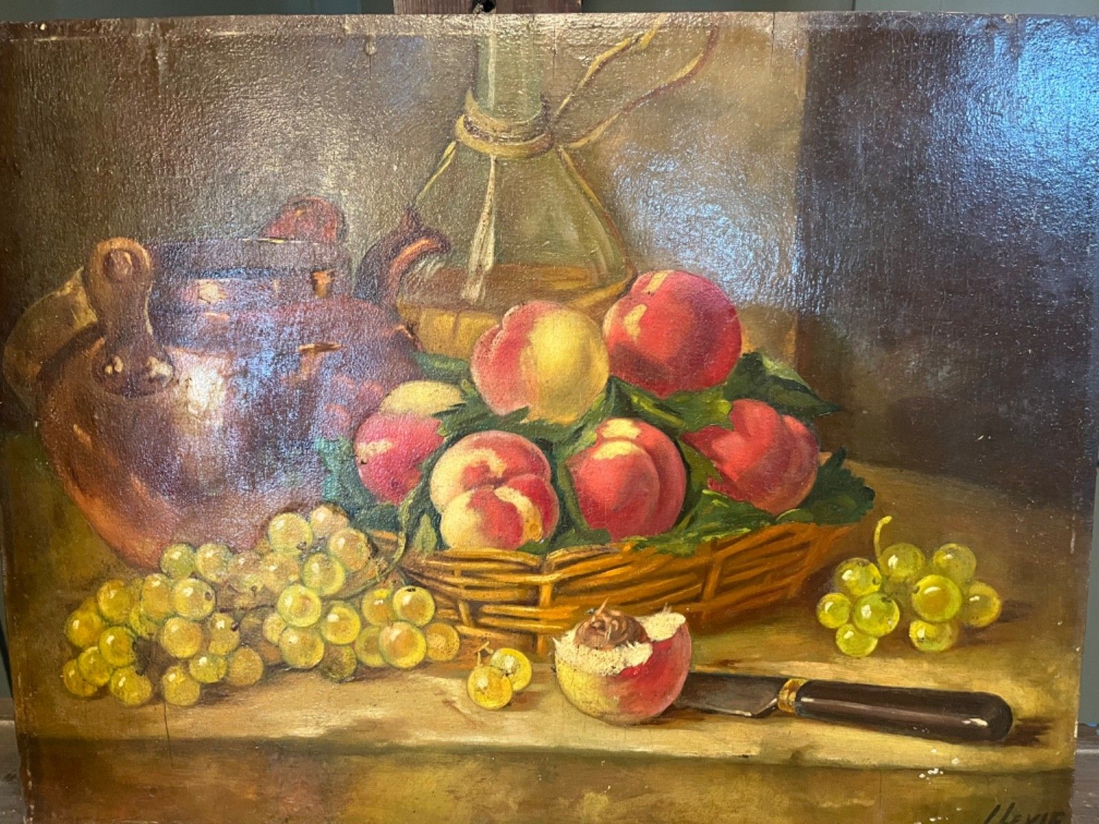 Antique Oil Painting On Board Still Life Fruit/Peaches French Origins Early 1900