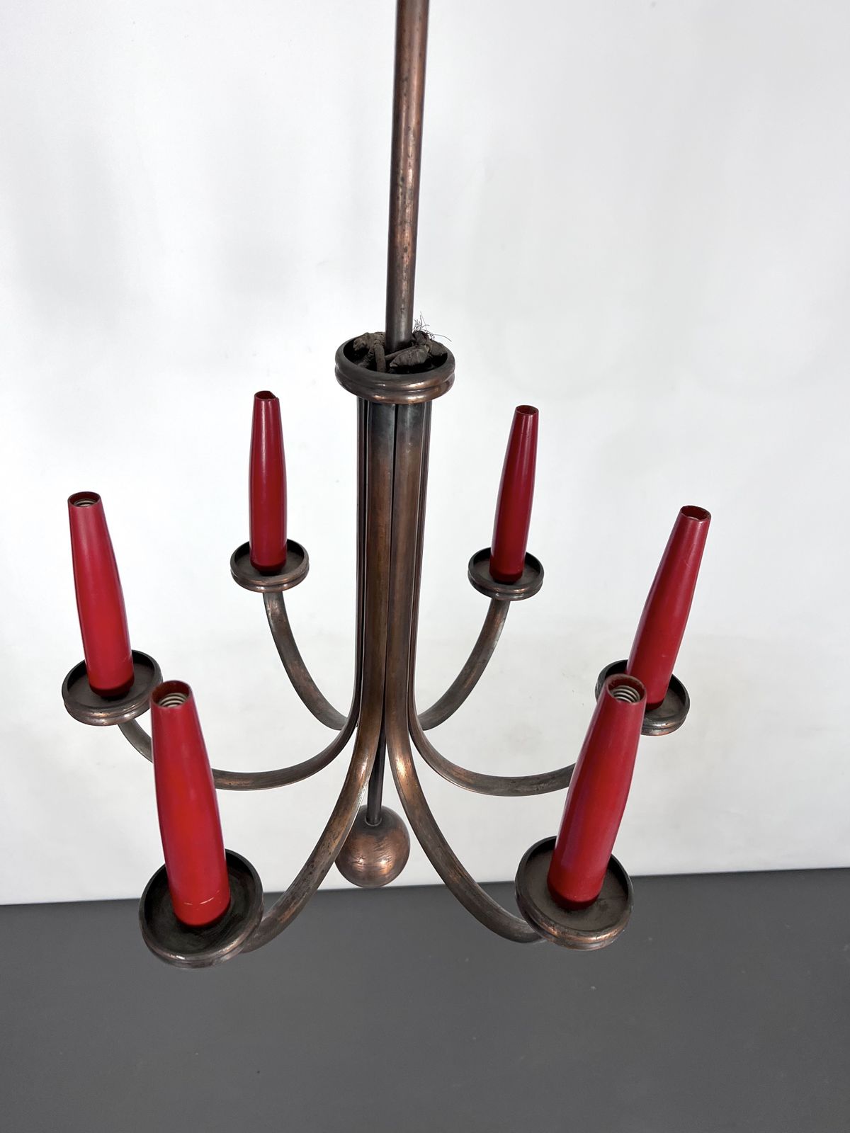 Mid Century Modern Six Arms Copper Chandelier In Gio Ponti Style. Italy 1950s photo vinterior