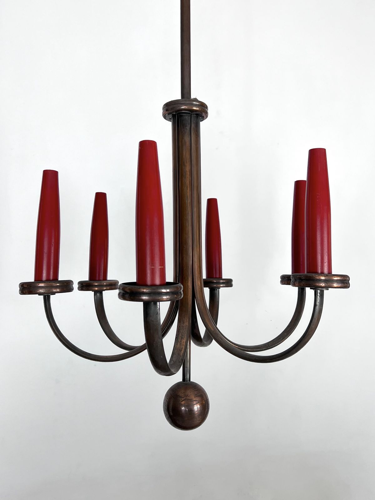 Mid Century Modern Six Arms Copper Chandelier In Gio Ponti Style. Italy 1950s photo vintage
