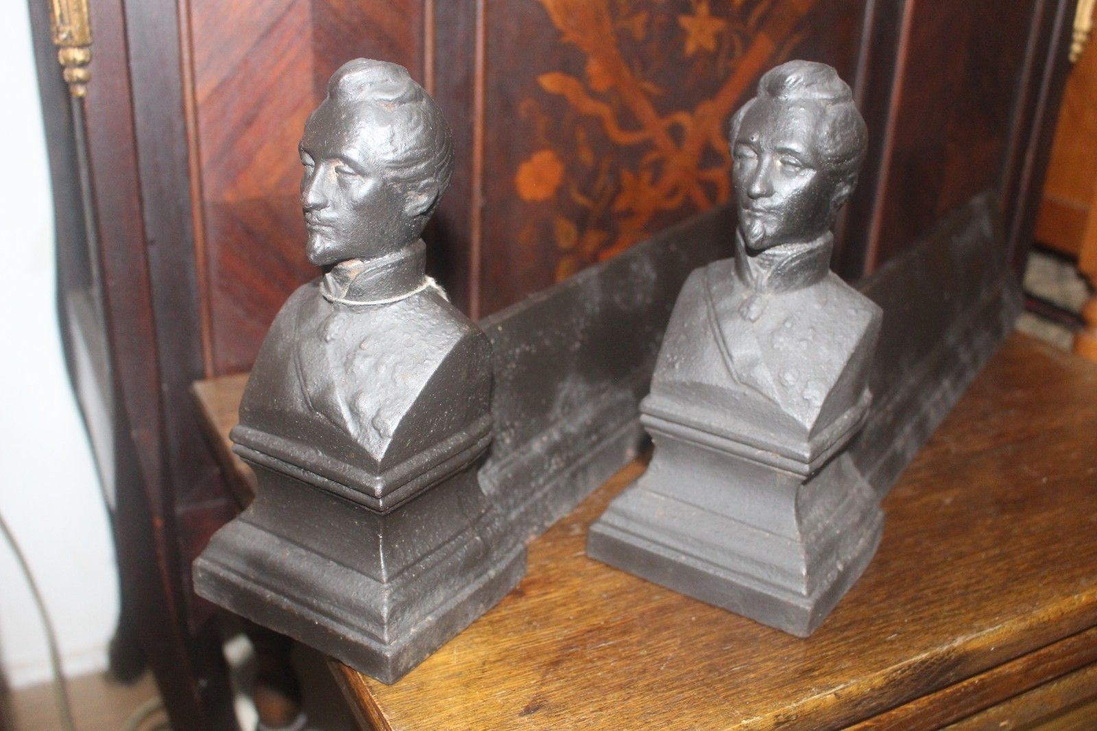 French Pair Cast Iron Andirons Firedog's 19th C Terre And Merre 42x10x21cm Male photo for sale