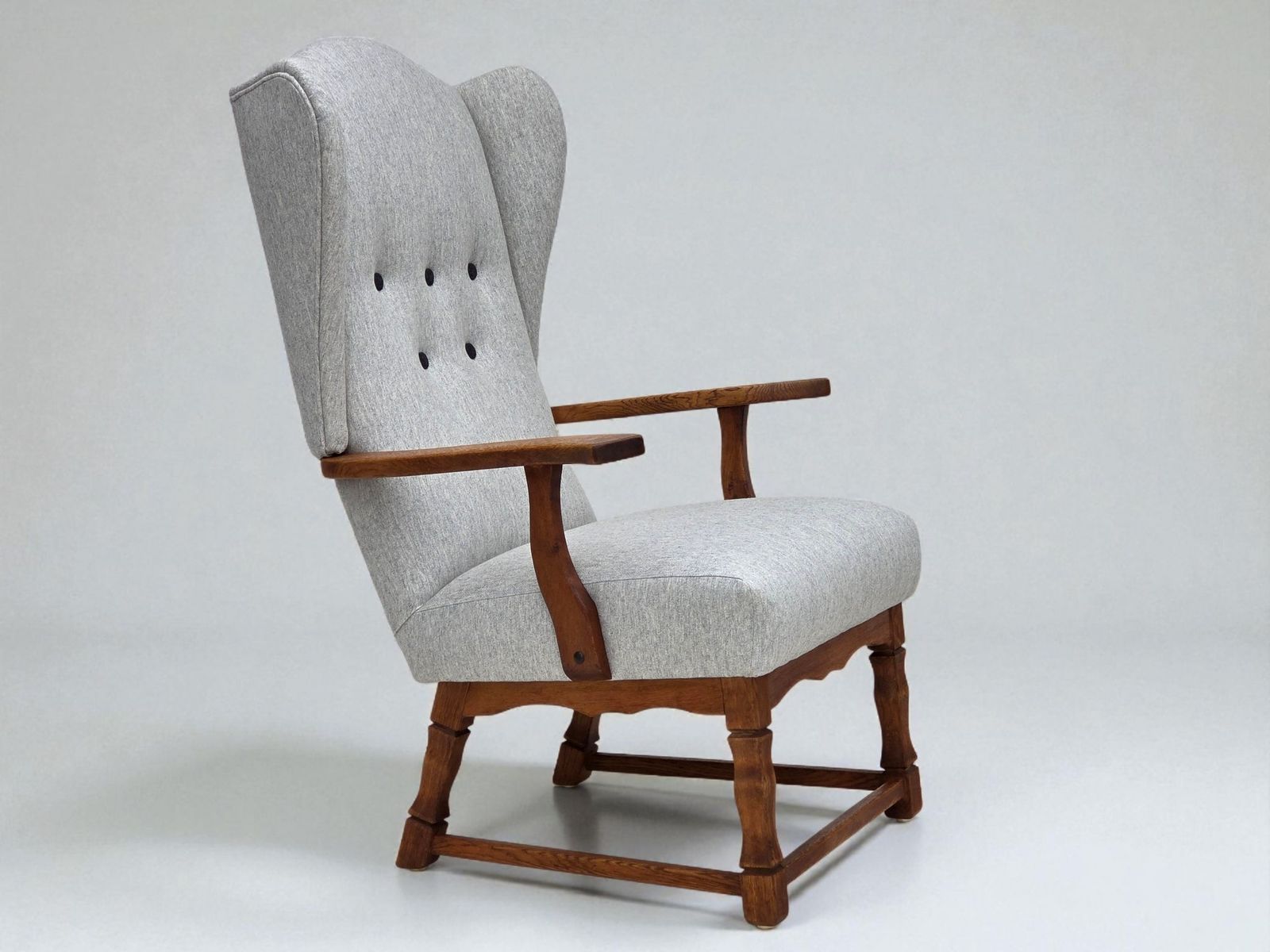 1950s, Danish High Backed Armchair, Reupholstered, Wool, Oak Wood.
