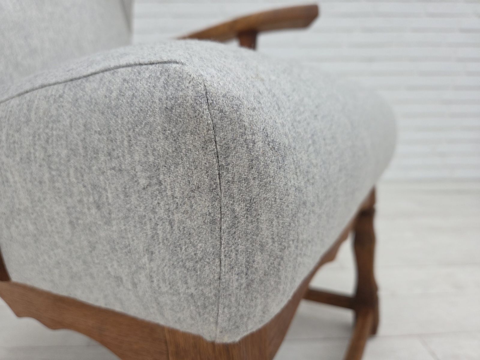 1950s, Danish High Backed Armchair, Reupholstered, Wool, Oak Wood. photo furniture