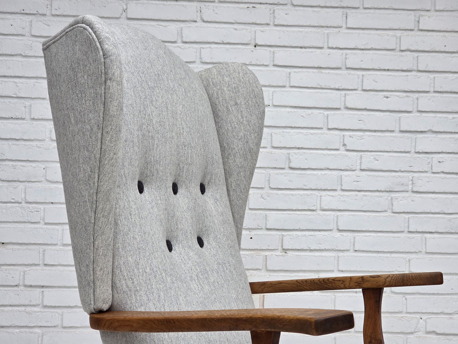 1950s, Danish High Backed Armchair, Reupholstered, Wool, Oak Wood. photo 1870.0