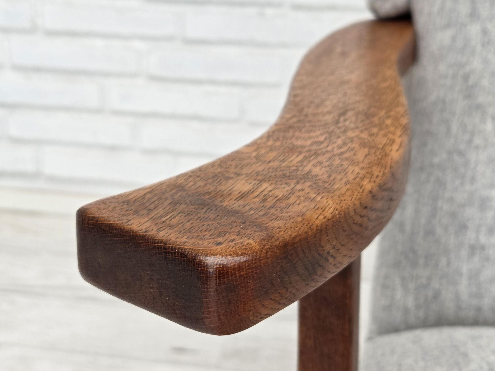 1950s, Danish High Backed Armchair, Reupholstered, Wool, Oak Wood. photo vintage