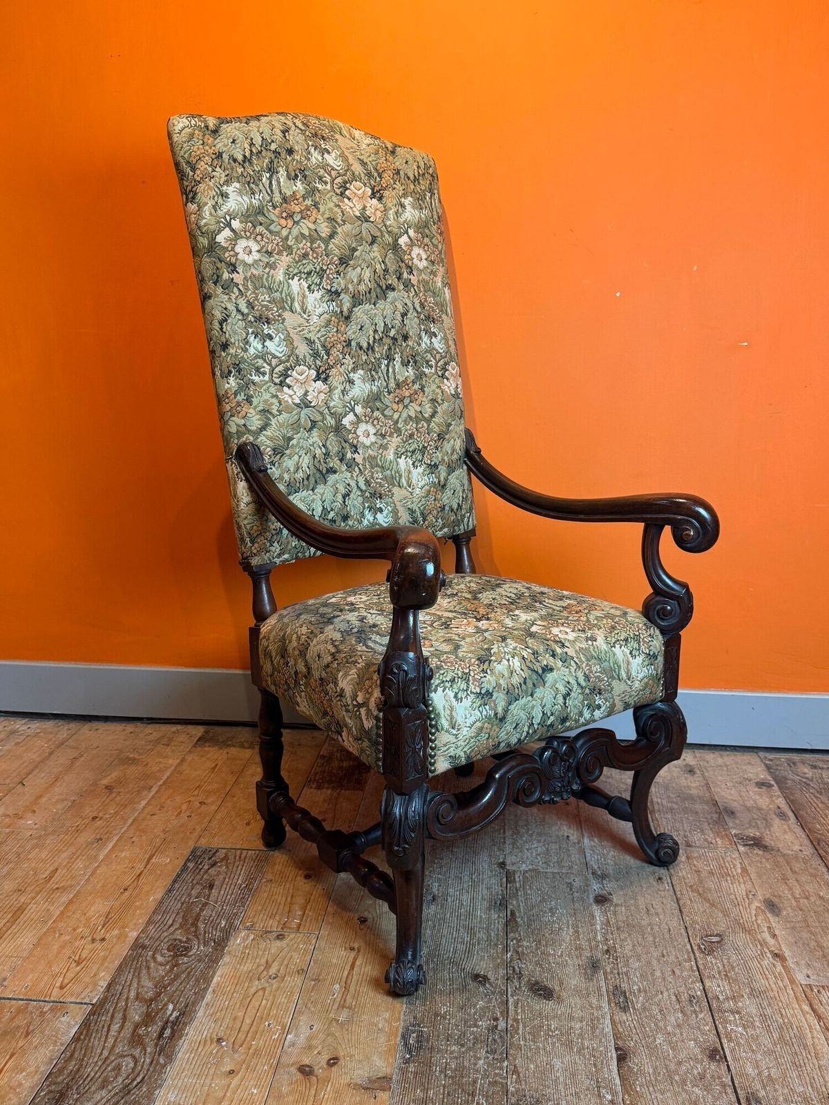 19th Century French Upholstered Walnut Armchair In Louis XIII Style