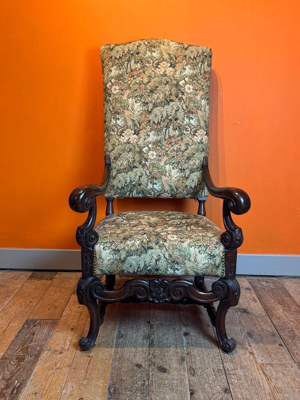 19th Century French Upholstered Walnut Armchair In Louis XIII Style photo for sale