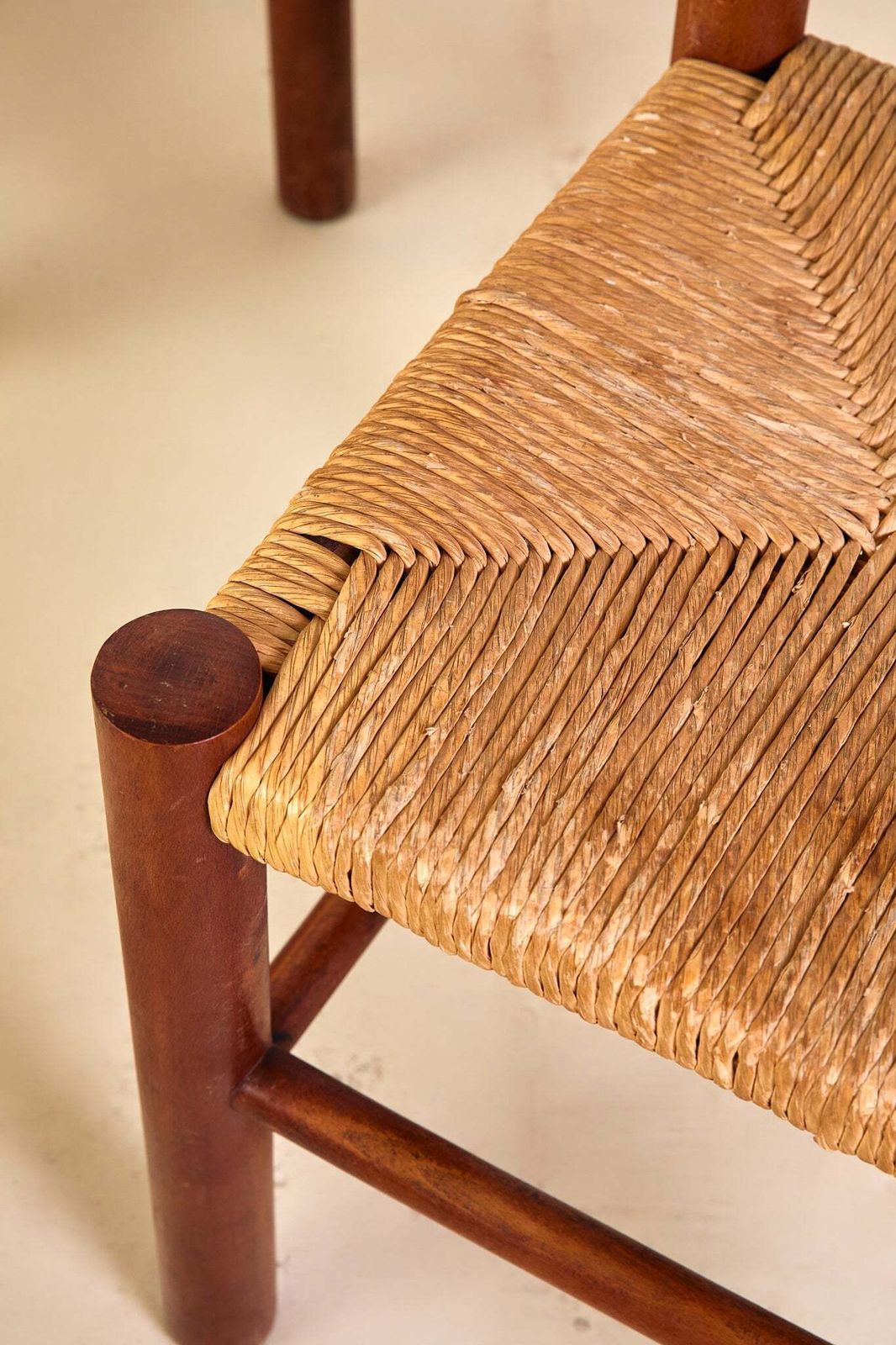 Set Of X6 French Mid Century Wood And Rush Dining Chairs photo vintage