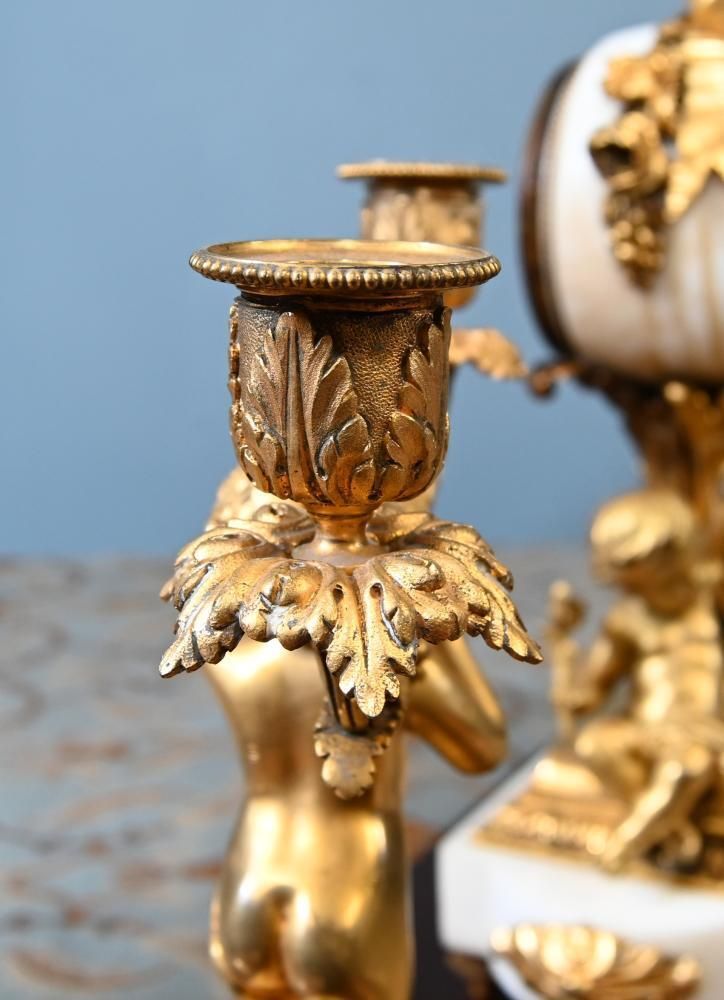 photo for sale French Gilt Clock Set Garniture Cherub Candelabras Louis XV