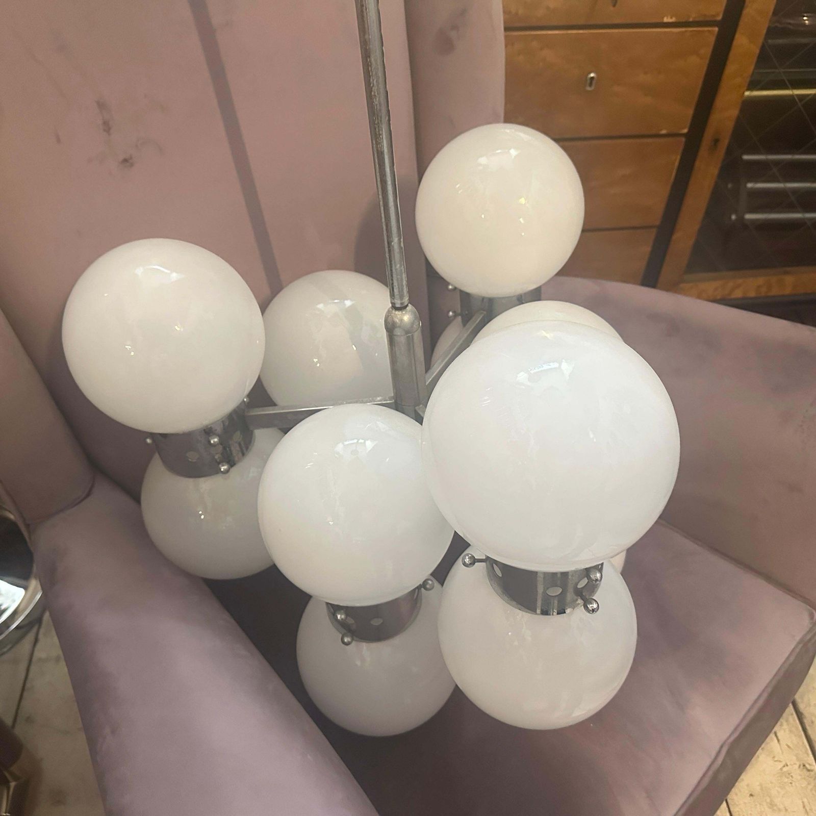 1960s Space Age Steel And Opaline Glass 10 Lights Italian Chandelier photo buy