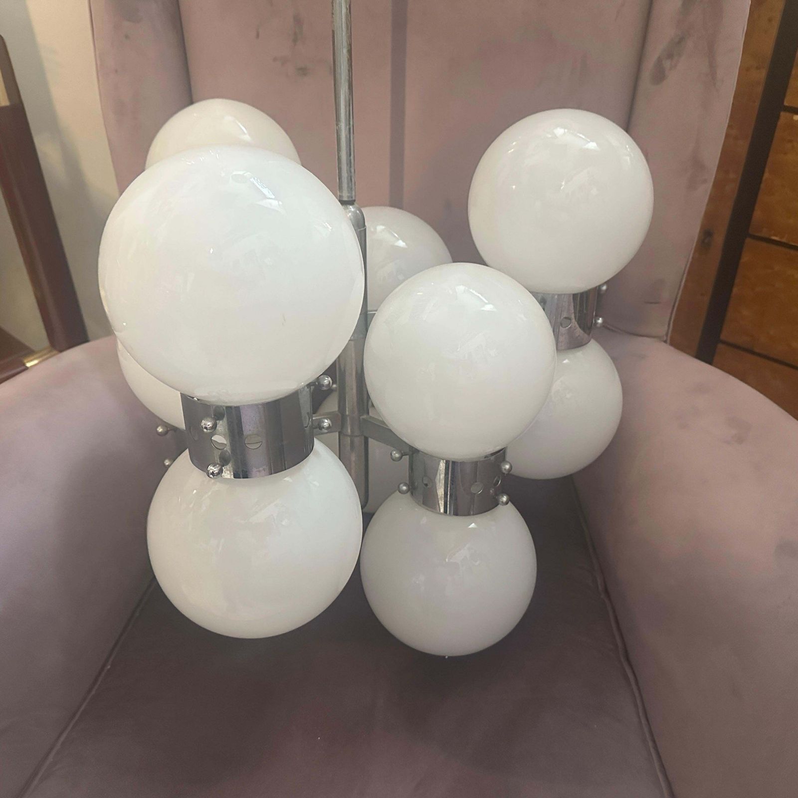 photo for sale 1960s Space Age Steel And Opaline Glass 10 Lights Italian Chandelier