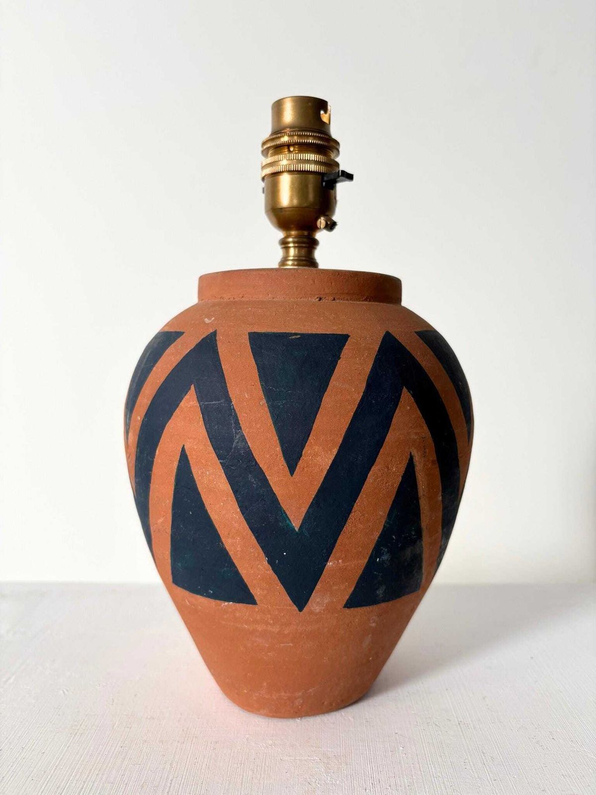 Hand Painted Terracotta Table Lamp With Zig Zag Chevron Design, Rewired And Pat Tested photo Lighting