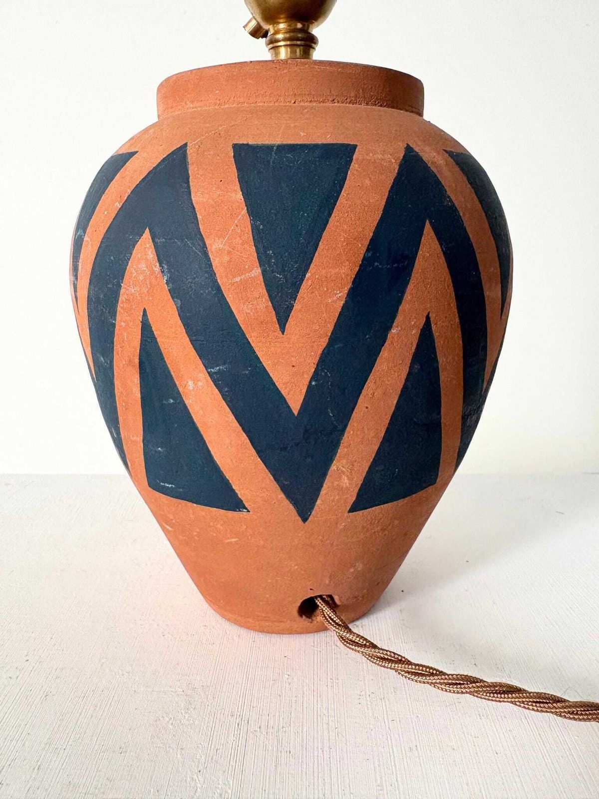 Hand Painted Terracotta Table Lamp With Zig Zag Chevron Design, Rewired And Pat Tested photo 480.0