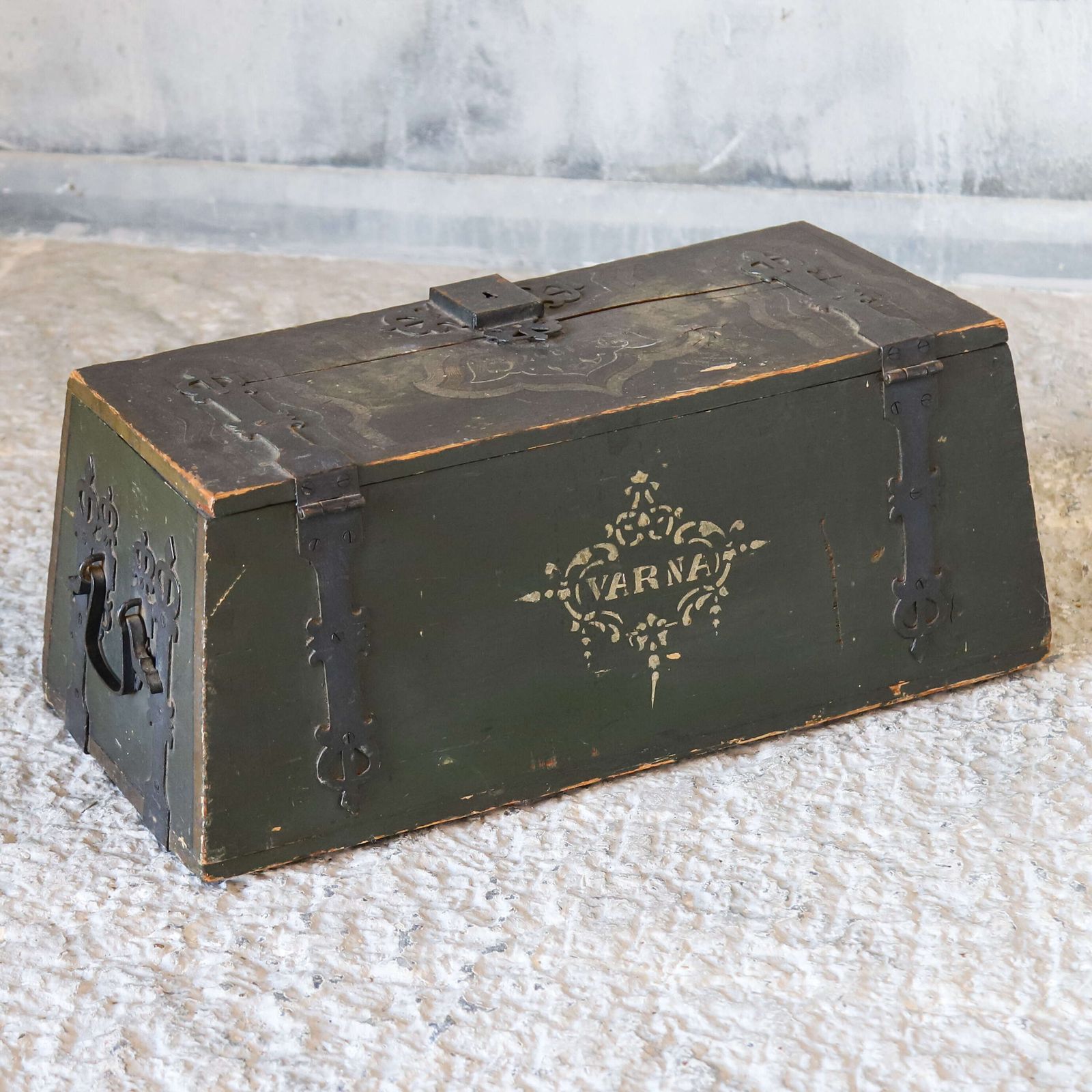 photo for sale Antique European Folk Art Decoration Chest/Box Dated 1897   Hand Forged Iron Fittings