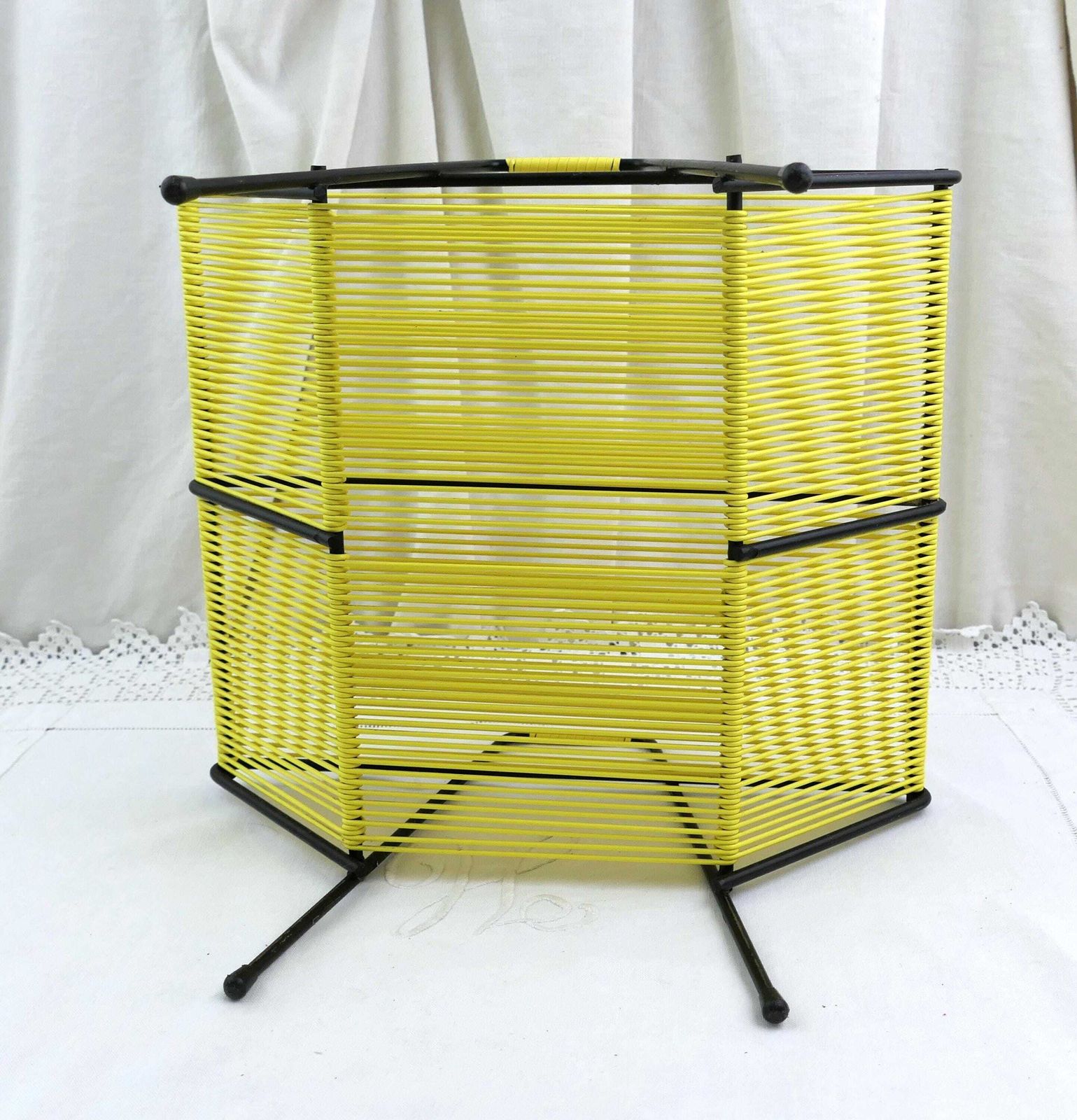 photo furniture Vintage French Mid Century Modern Portable Record Holder With Bright Yellow Vinyl Cord, Retro Mcm Hifi Accessory For Storage, Music Center