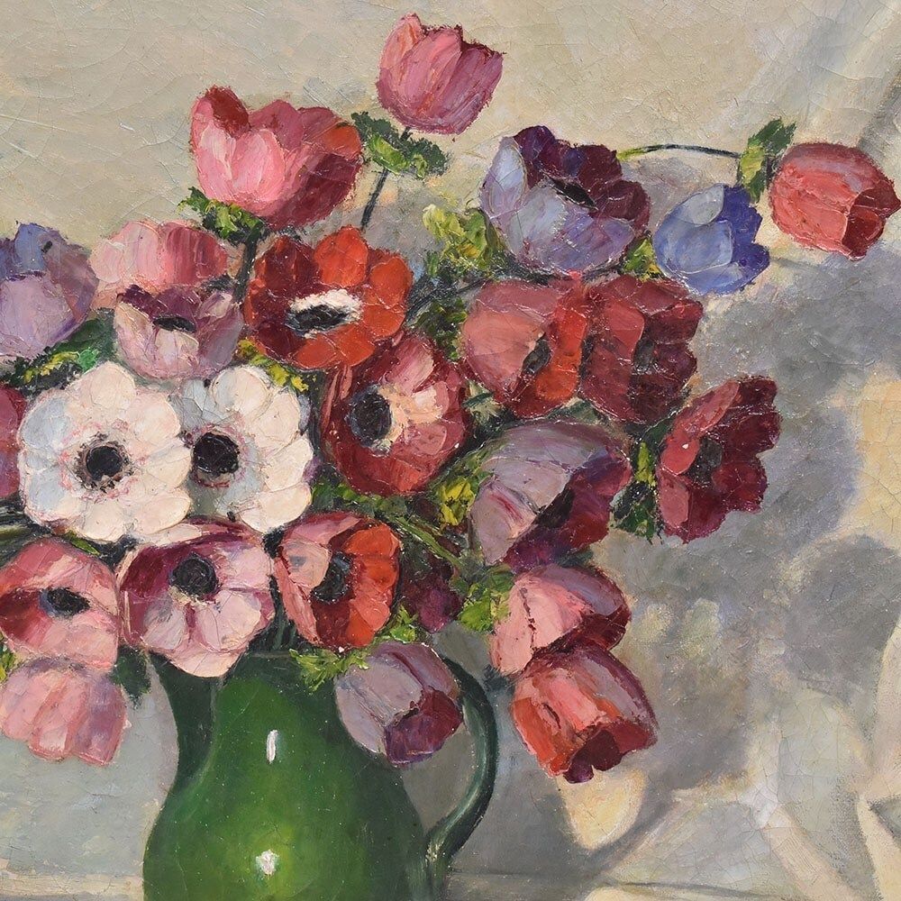 Antique Flower Painting, Bouquet Of Anemones And Poppies, Oil On Canvas, 20th Century, Art Déco. (Qf702) photo Art