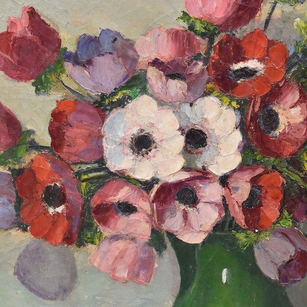 Antique Flower Painting, Bouquet Of Anemones And Poppies, Oil On Canvas, 20th Century, Art Déco. (Qf702) photo 1300.0
