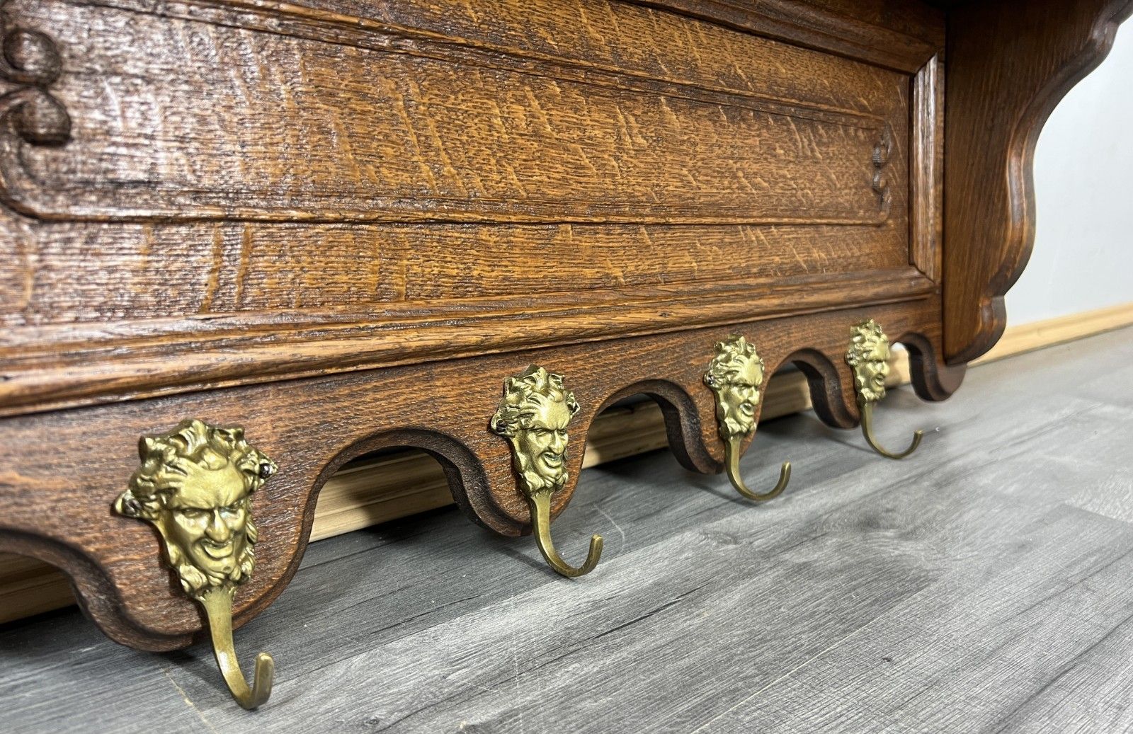 French Vintage Coat Rack Oak 4 Hooks Wall Shelf Carved Coat Hanger Lot 4433 photo buy