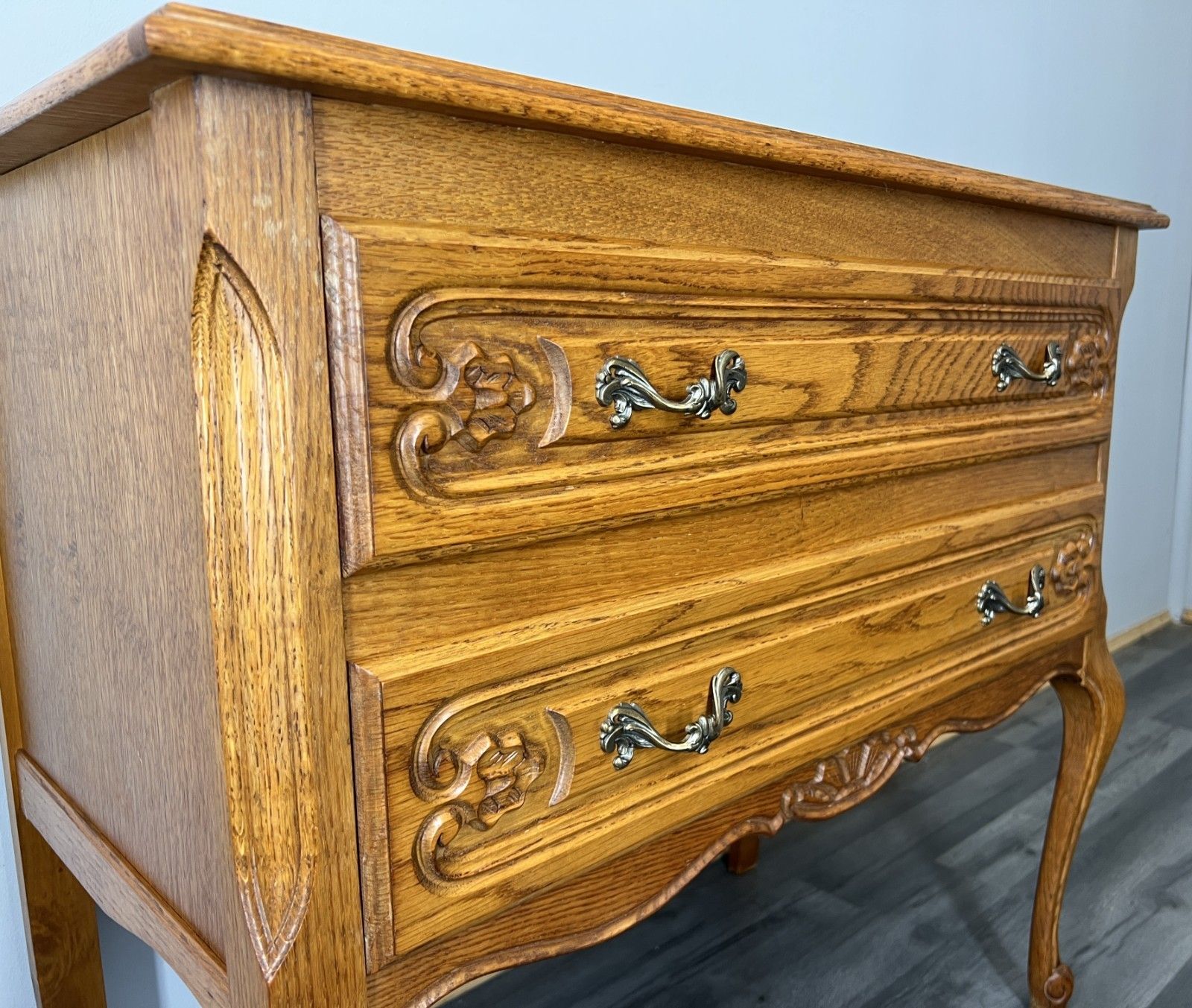 Chest Of Drawers Vintage French Louis Oak 2 Drawers Ornate Cabinet Lot 4438 photo vintage