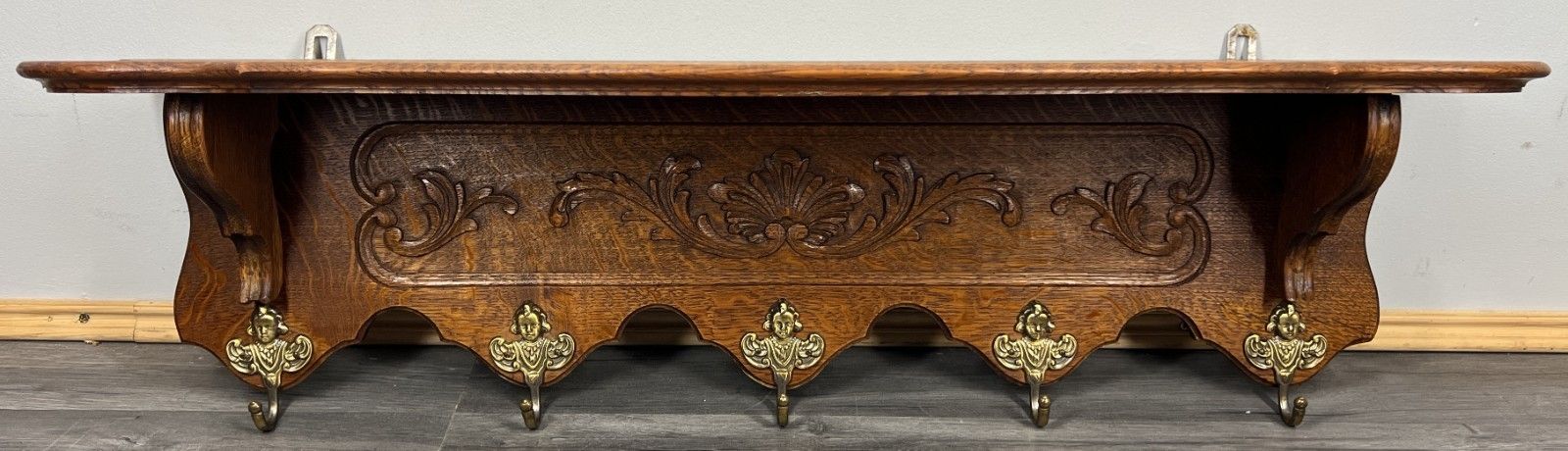 French Vintage Coat Rack Oak 5 Hooks Wall Shelf Carved Coat Hanger Lot 4435 photo furniture