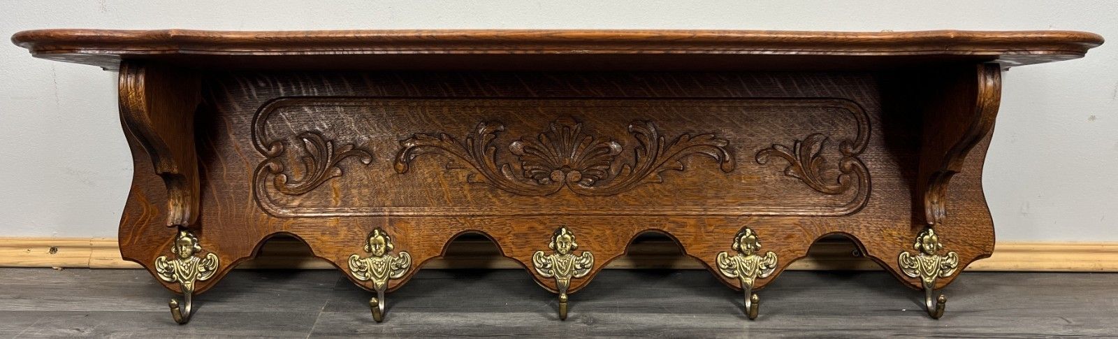 French Vintage Coat Rack Oak 5 Hooks Wall Shelf Carved Coat Hanger Lot 4435 photo Furniture