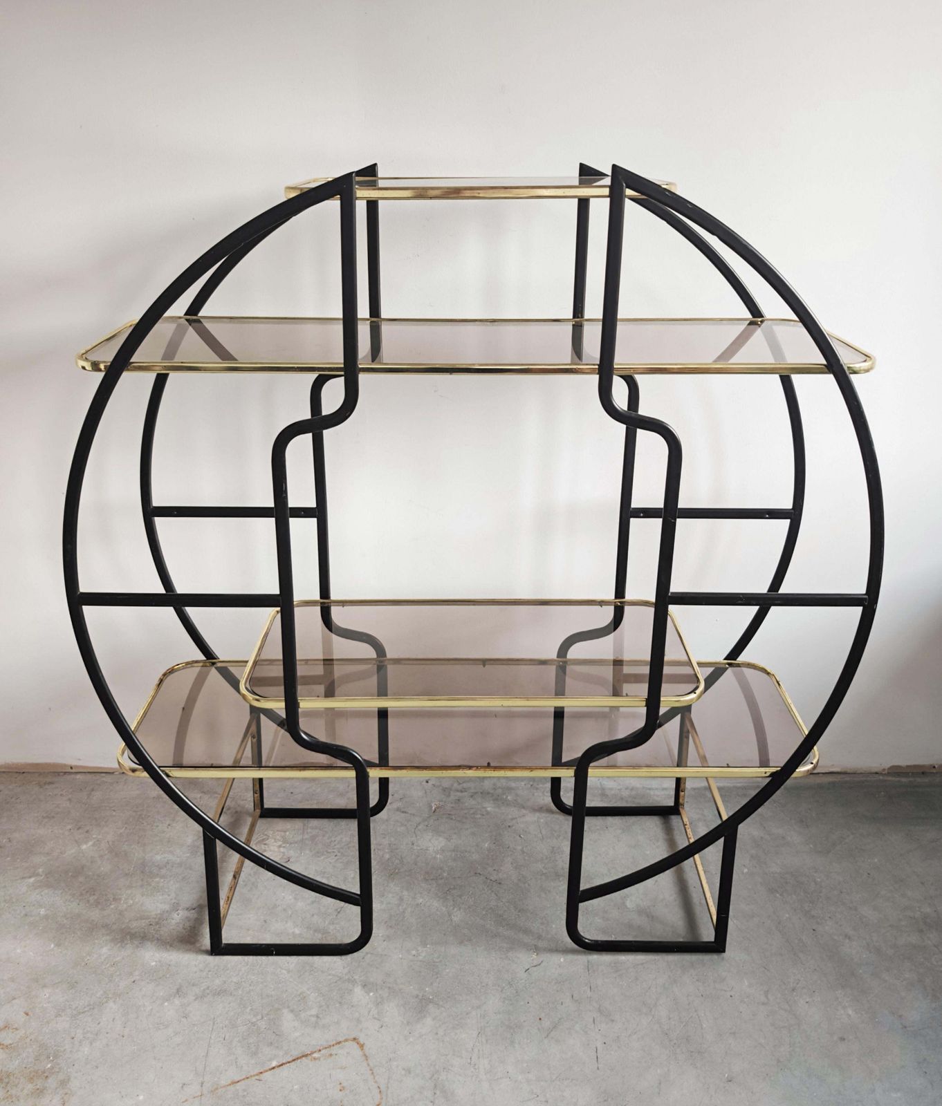 Large Hollywood Regency Round Room Divider Shelf In Black Metal And Brass photo furniture