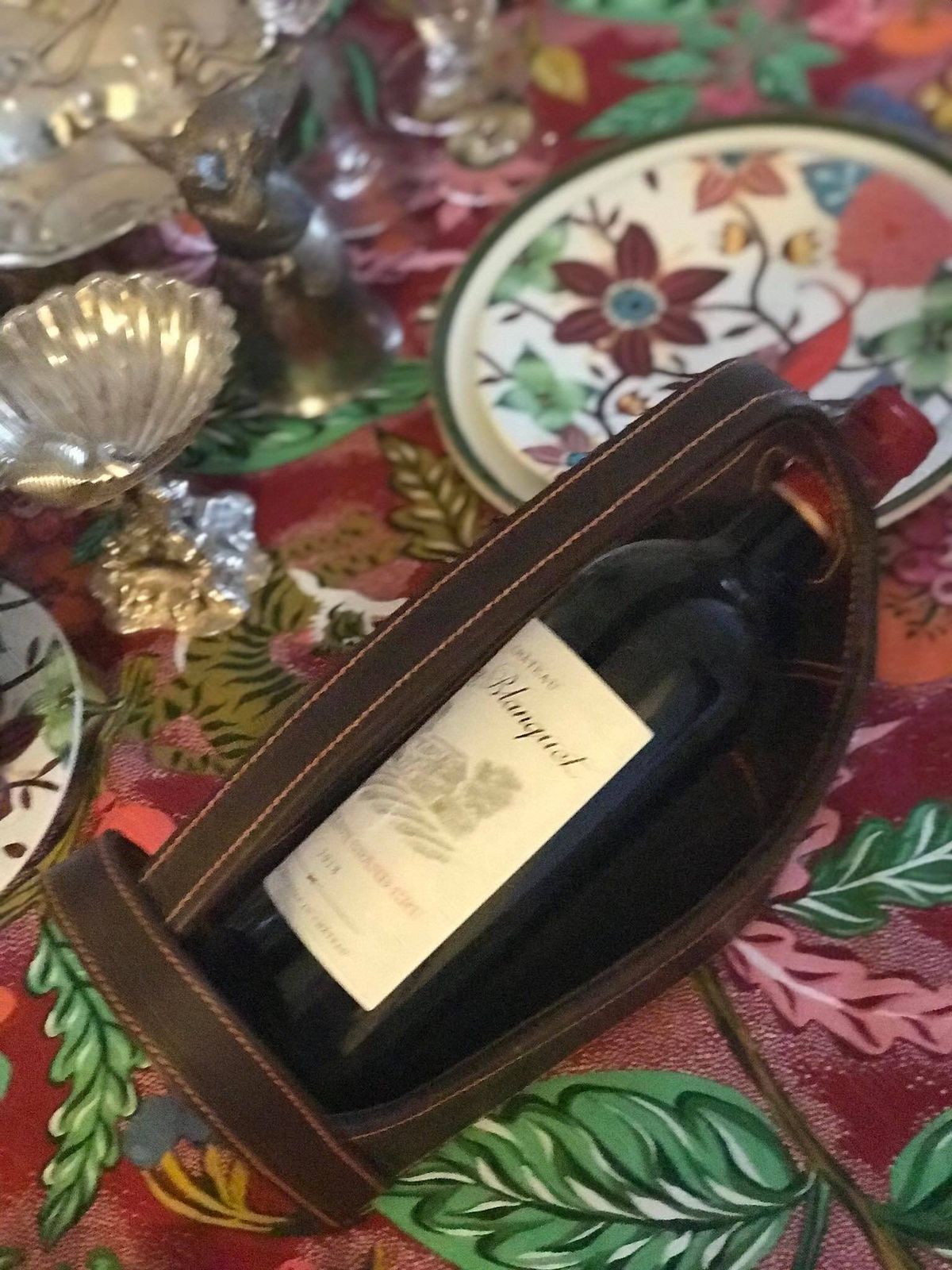 Vintage Leather Wine Bottle Cradle: Brown Leather Carrier, Made In Portugal photo vinterior