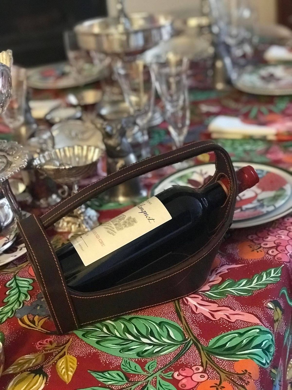 photo furniture Vintage Leather Wine Bottle Cradle: Brown Leather Carrier, Made In Portugal