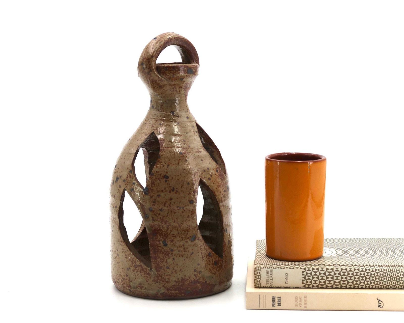 French Stoneware Ceramic Lantern Candle Holder By Guy Baudat, 1960s / Candleholder, Wabi Sabi Home Decor, Rustic Farmhouse photo furniture
