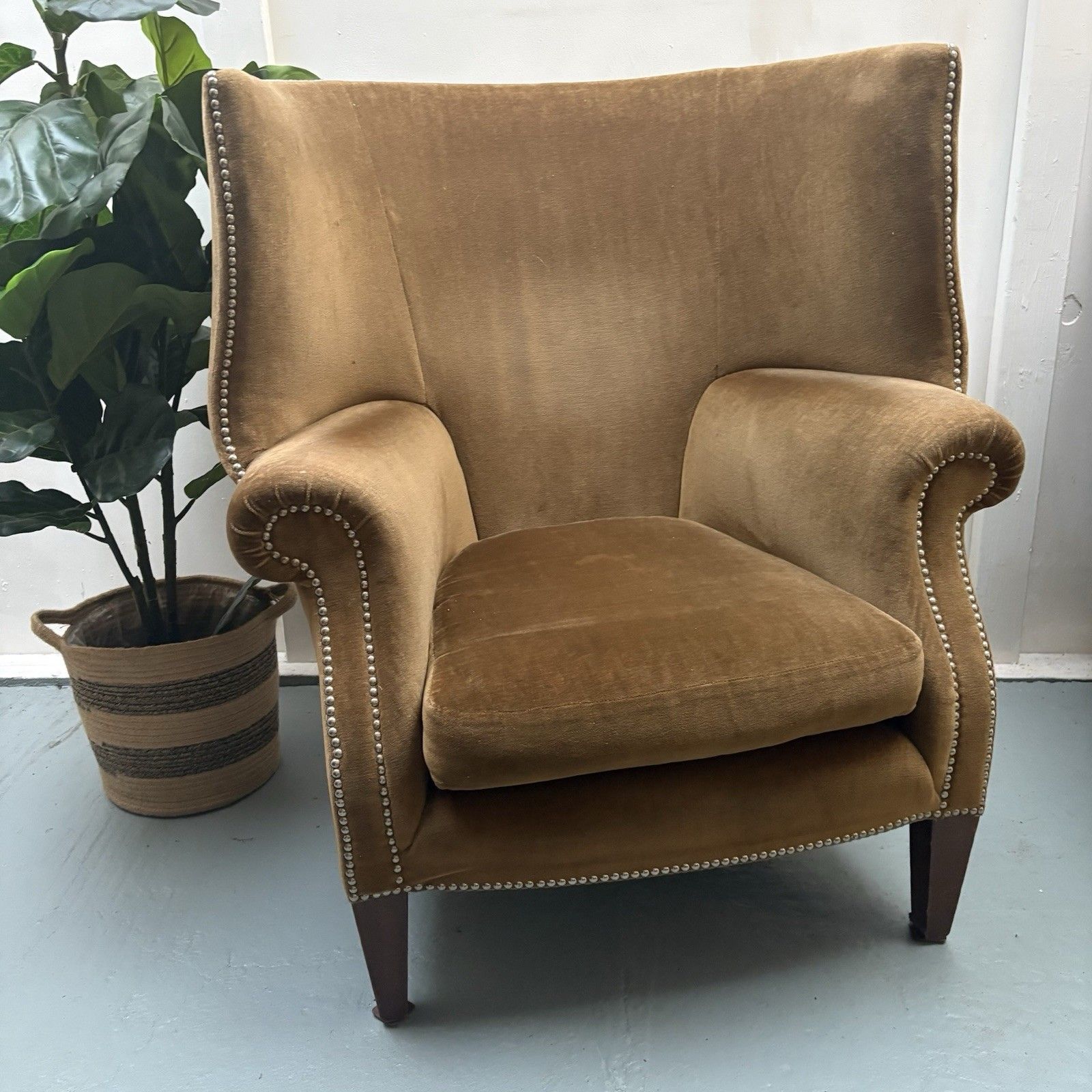 photo furniture Fabulous Antique High Winged Barrel Backed Porters Style Aged Gold Arm Chair
