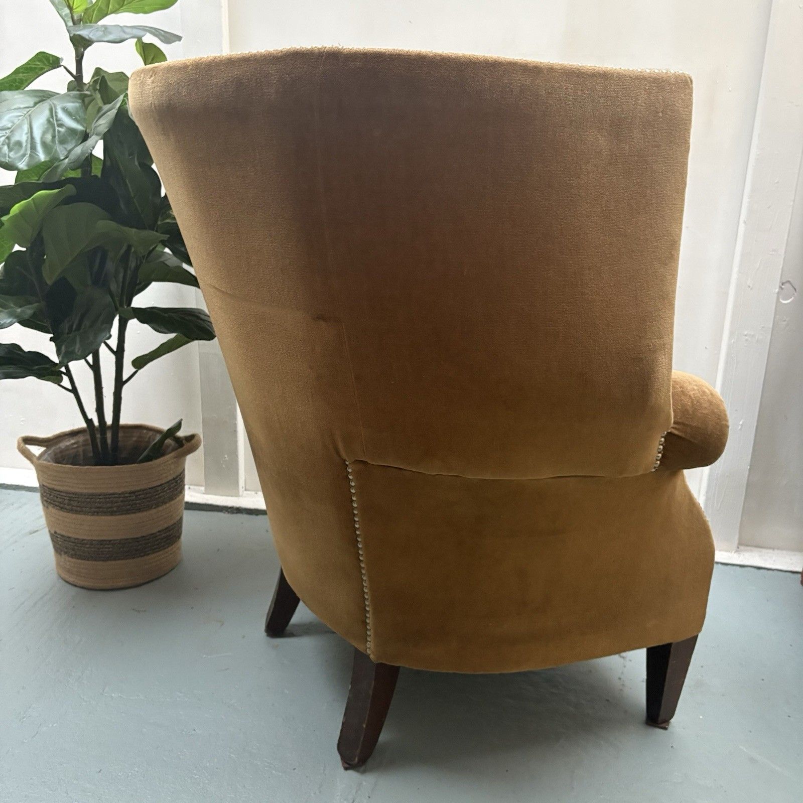 Furniture Fabulous Antique High Winged Barrel Backed Porters Style Aged Gold Arm Chair photo