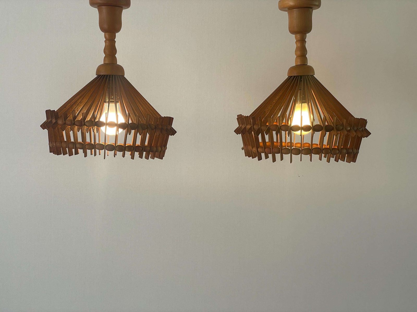 Italian Hand Crafted Pair Of Wood Pendant Lights, 1960s, Italy photo furniture