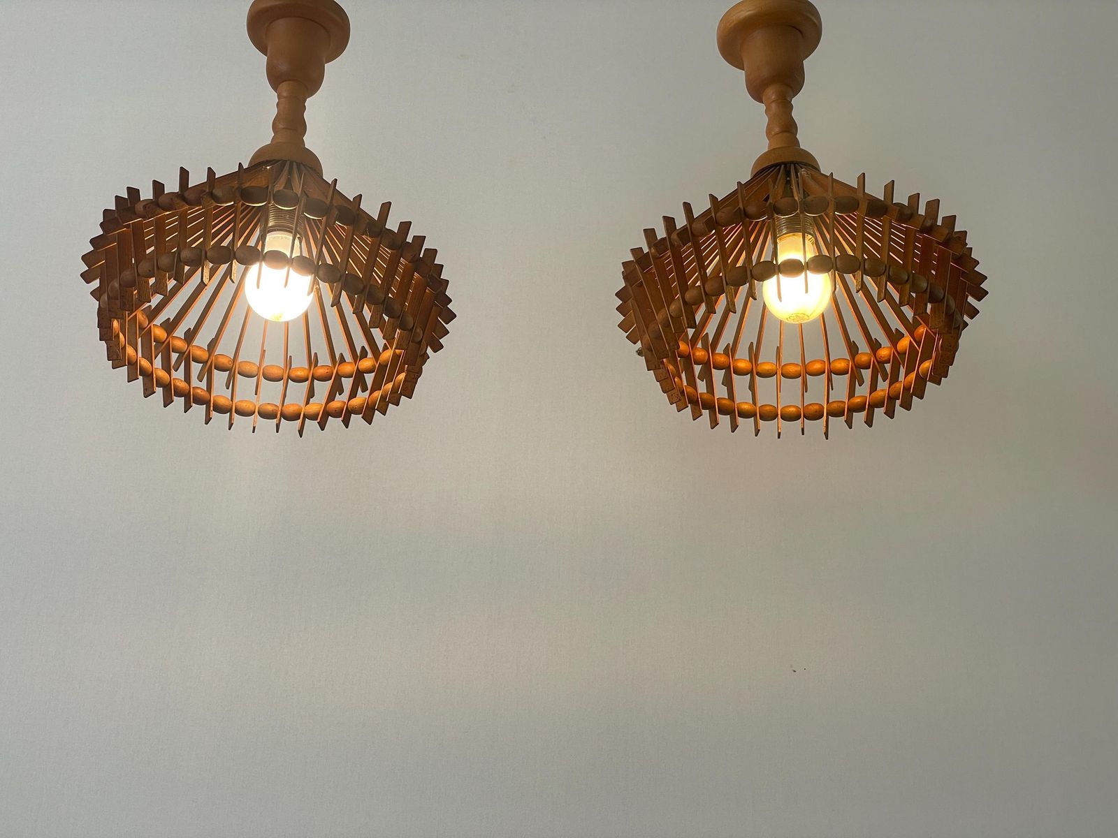 Italian Hand Crafted Pair Of Wood Pendant Lights, 1960s, Italy photo Lighting