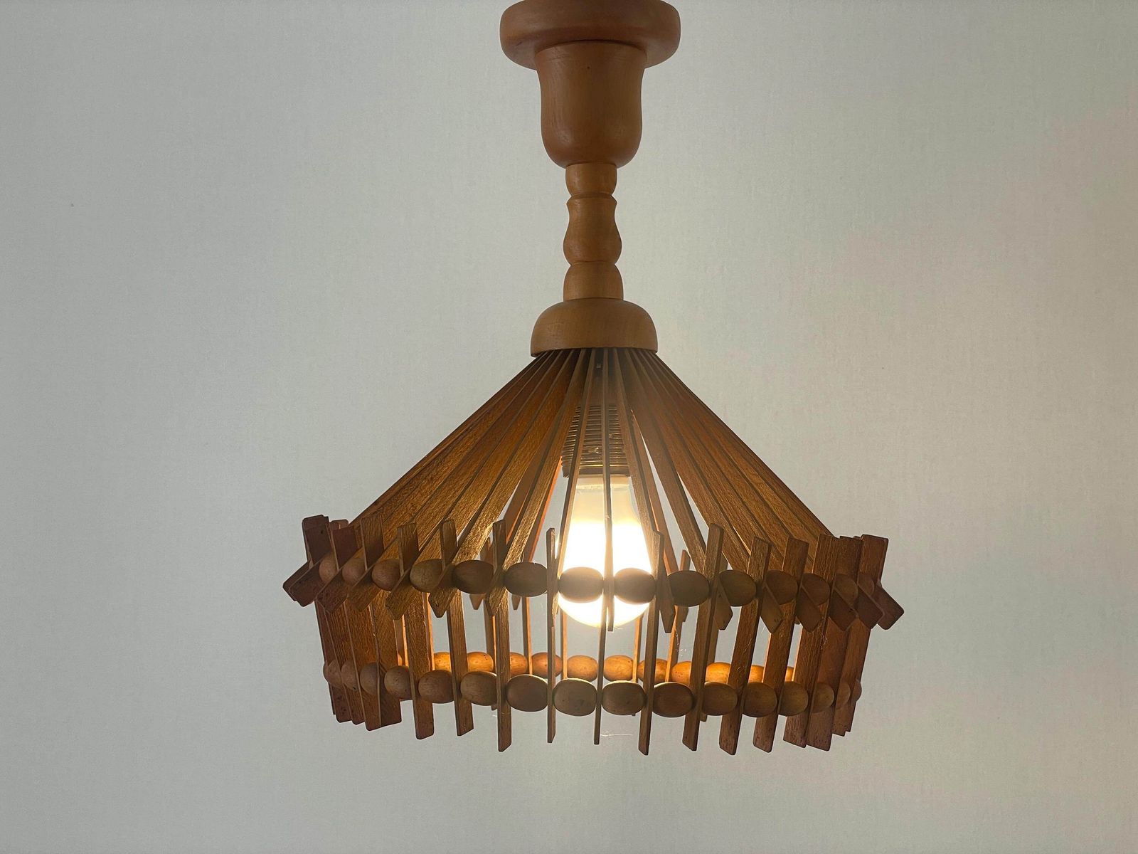 photo furniture Italian Hand Crafted Pair Of Wood Pendant Lights, 1960s, Italy